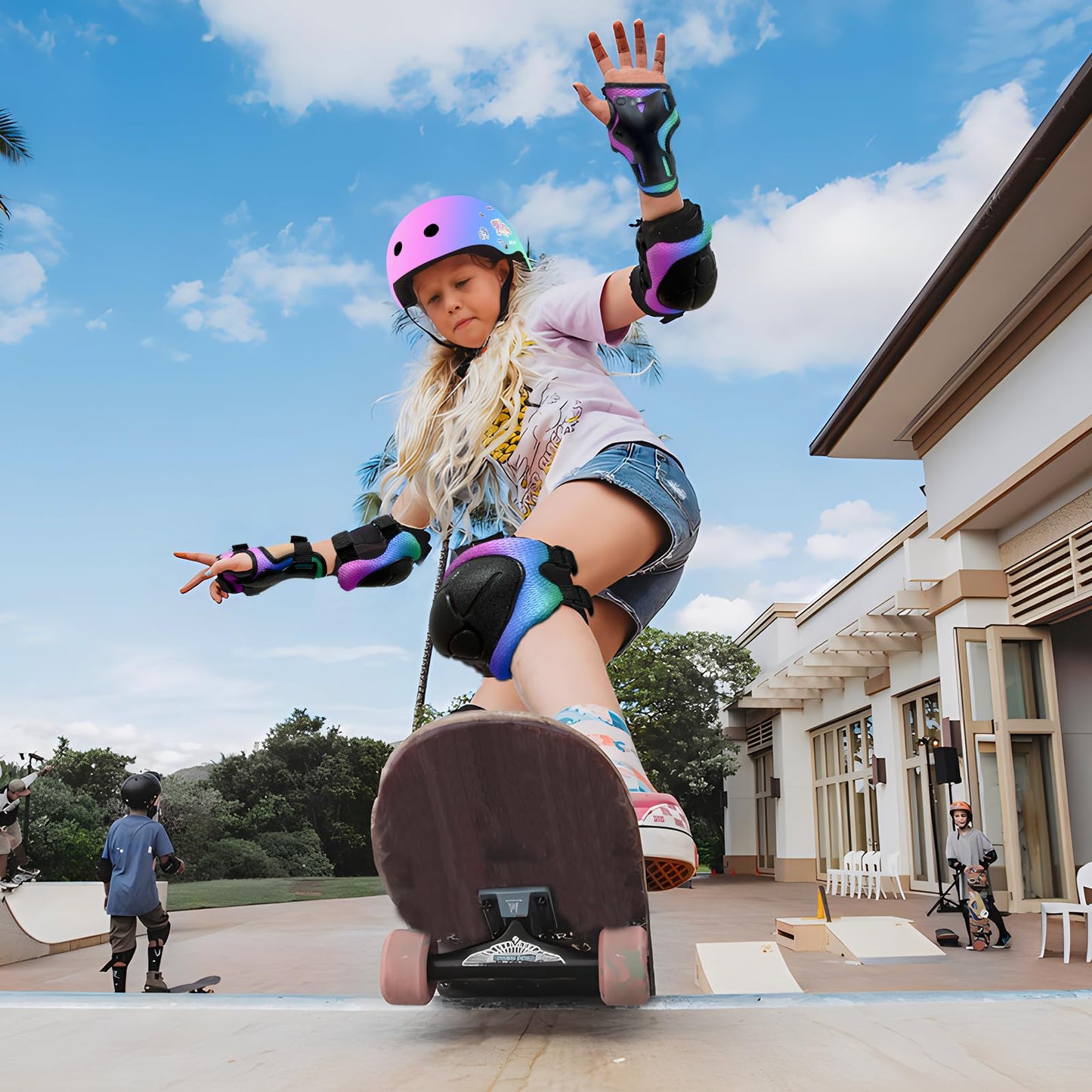 Sticker Adjustable Color Gradient Bike Kids Toddler Helmet and pads for Kids 3-5-8-14+Boys Girls Child Skateboard Helmet with Knee Pad Elbow Pads Guards,Riding Scooter Roller Inline skatings Longboard