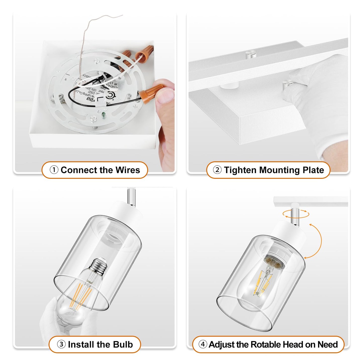 Track Lighting, LED Track Light Fixtures Ceiling Kitchen, 30" 4 Way Ceiling Lights with Clear Glass Shade, Wall Light Fixture with Rotatable Head, White Home Decor for Bathroom Vanity(E26, NO Bulb)