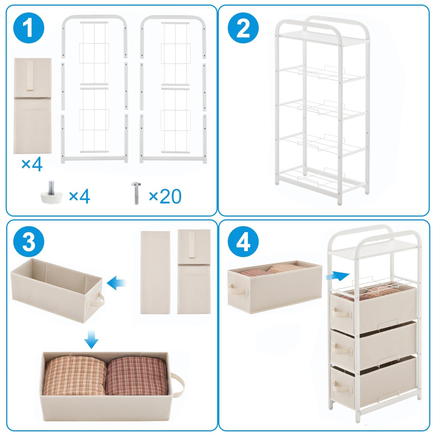 MAX Houser 4 Drawer Narrow Dresser Fabric Storage Tower Vertical Slim Storage Chest Organizer Nightstand Side/End Table Small Standing Organizer Removable Drawers Wood Top for Bedroom, Bathroom(Beige)
