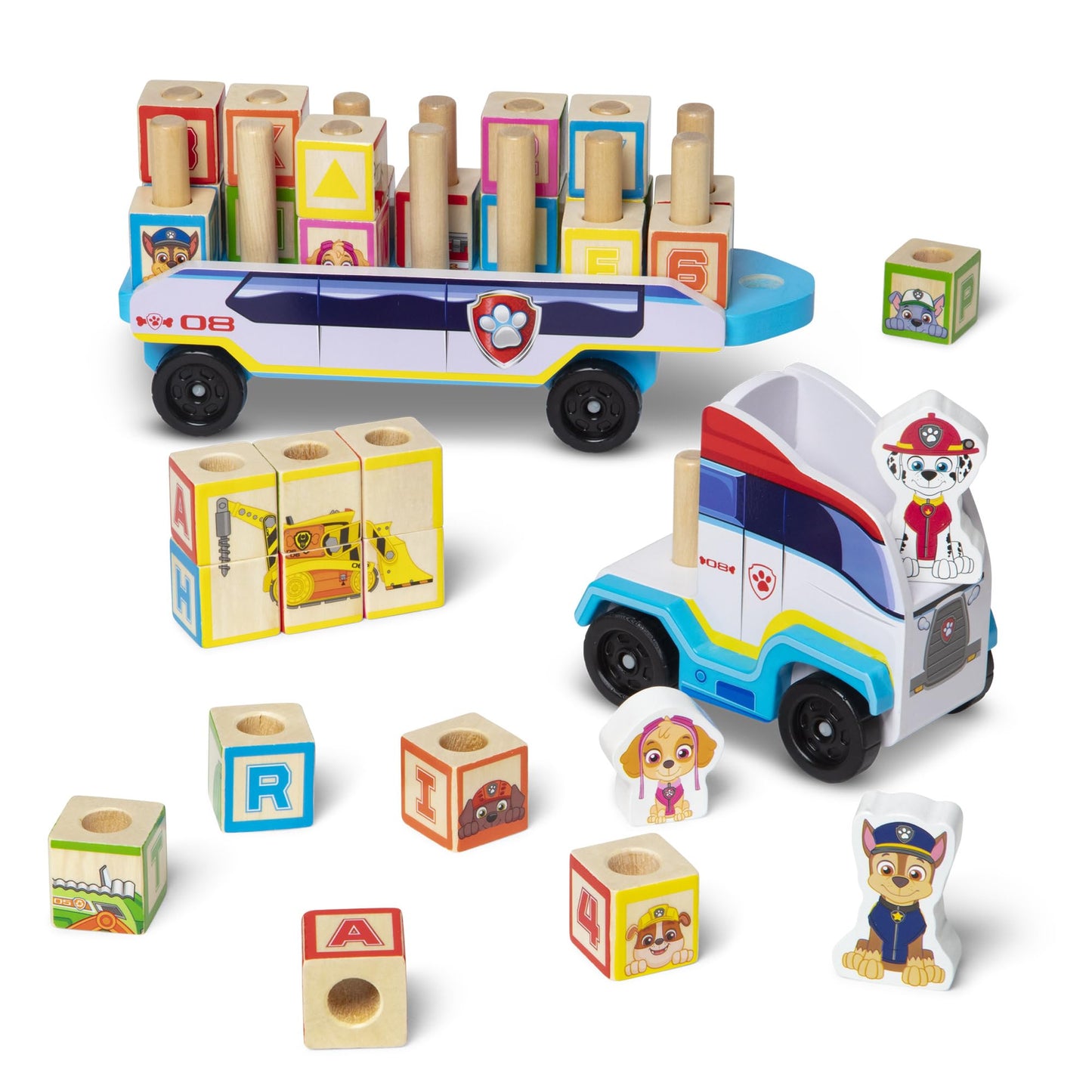 Melissa & Doug PAW Patrol Wooden ABC Block Truck (33 Pieces) PAW Patrol Sort and Stack Toys, Alphabet Blocks for Toddlers, Wooden Vehicle Toys for Kids Ages 3+