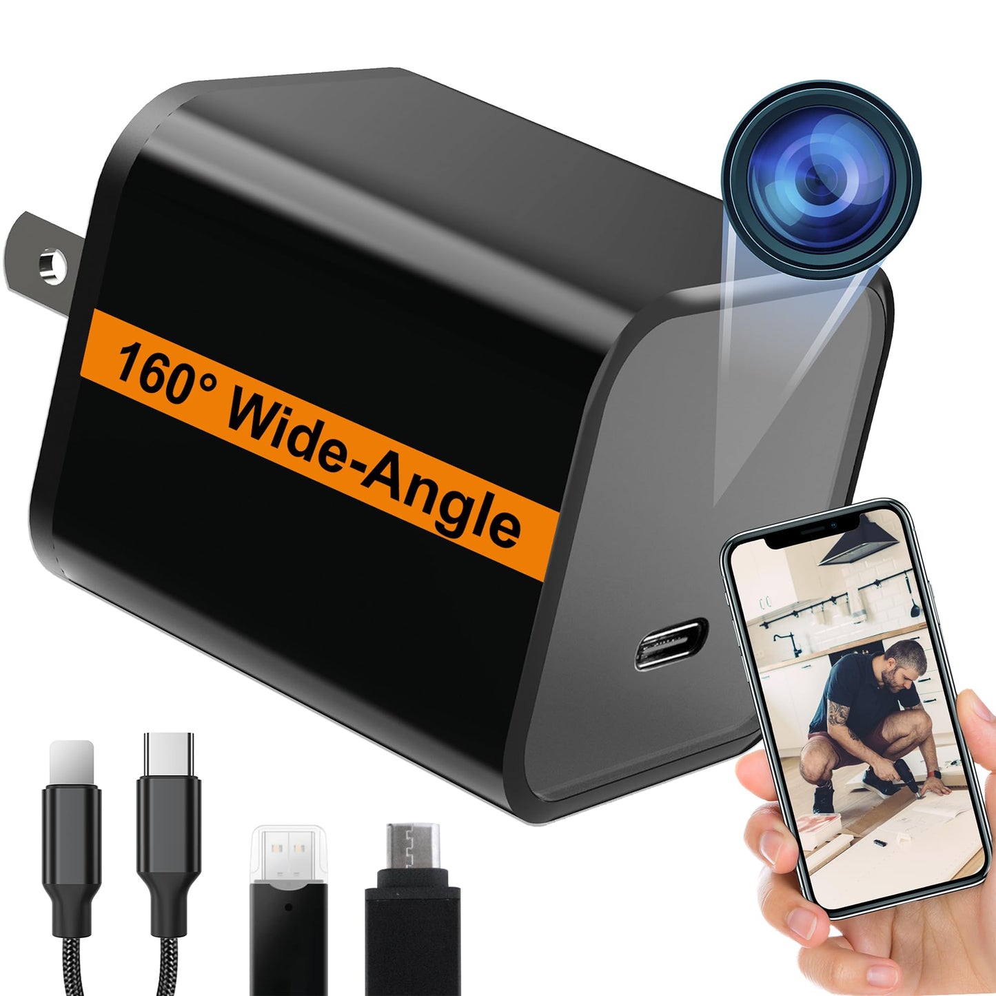 ALPHA TECH WiFi Smart Camera Charger with Premium Wide-Angle 160° – Live Remote View – 2.4G/5G WiFi – Best Mini Type‑C Plug Camera for Pets & Home – Real Time Monitoring - iOS Android App