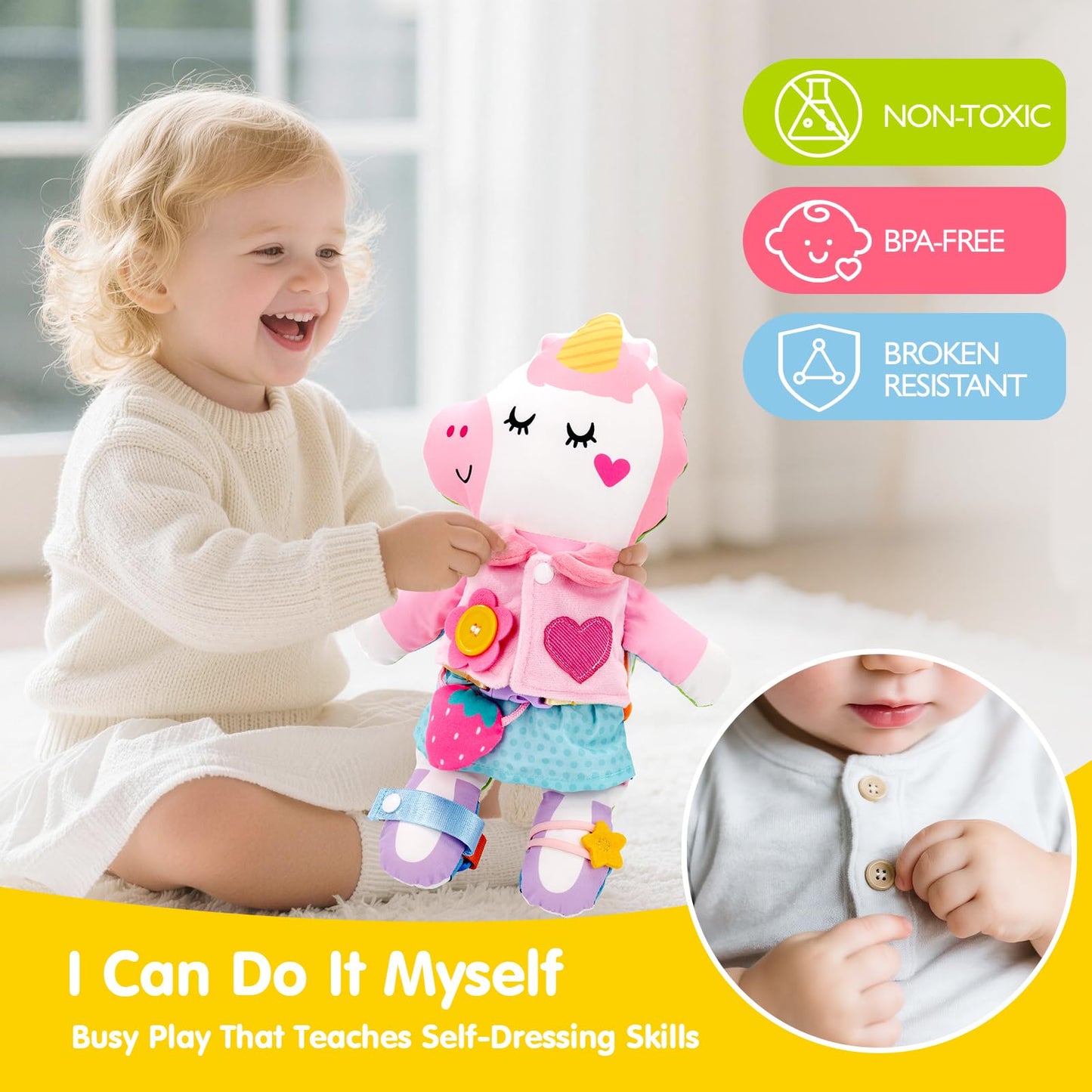 hahaland Montessori 2-in-1 Busy Doll for Toddlers 1-3, Reversible Dinosaur & Unicorn Educational Learn to Dress Doll with 15+ Buckle, Snap & Dressing Skills, Toddler Gifts for 2 Years and Ups
