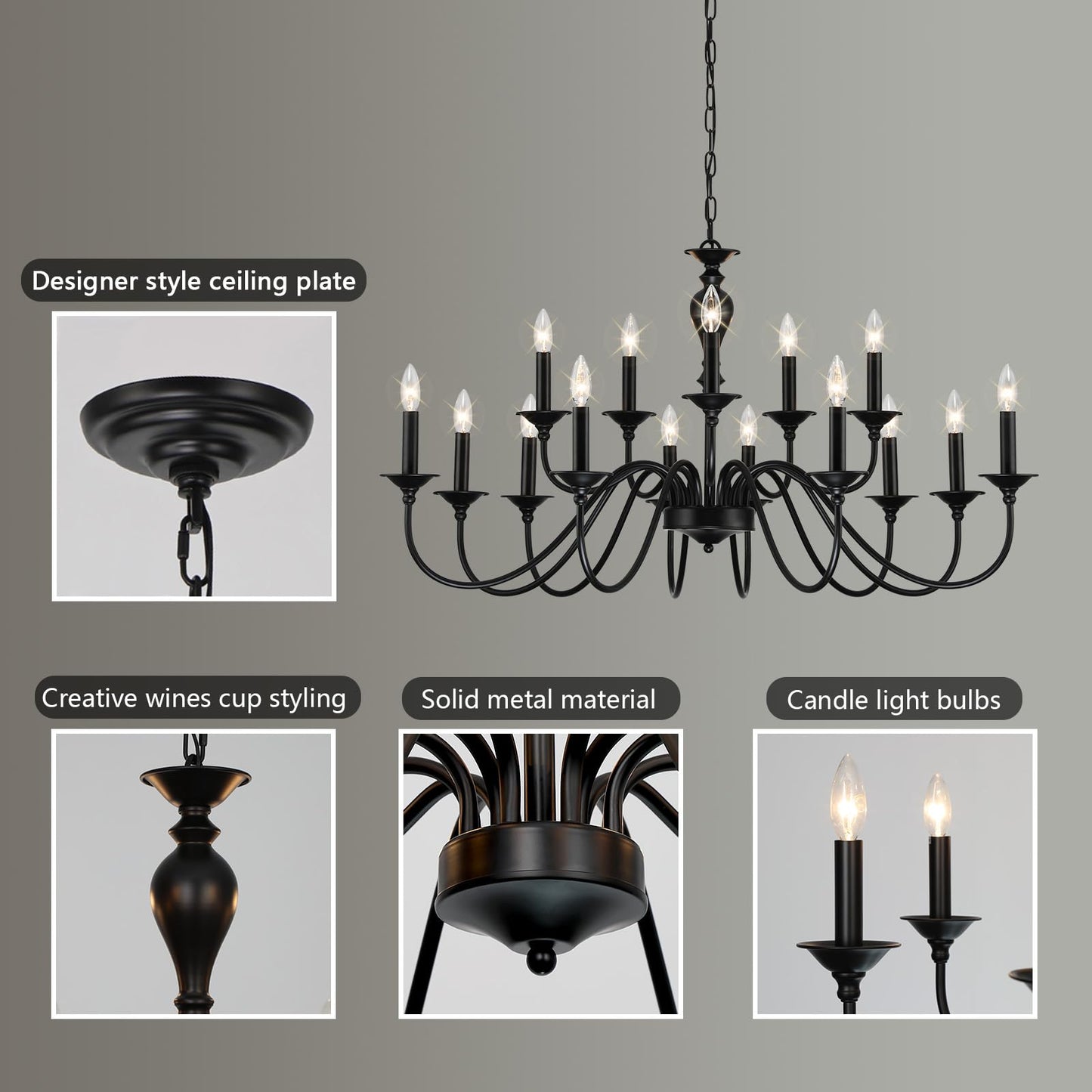15 Light Black Farmhouse Chandelier | Large Chandeliers for Dining Room Light Fixtures Over Table | Vintage Candle Hanging Lighting for Living Room | Foyer | Staircase | Restaurant | Villa