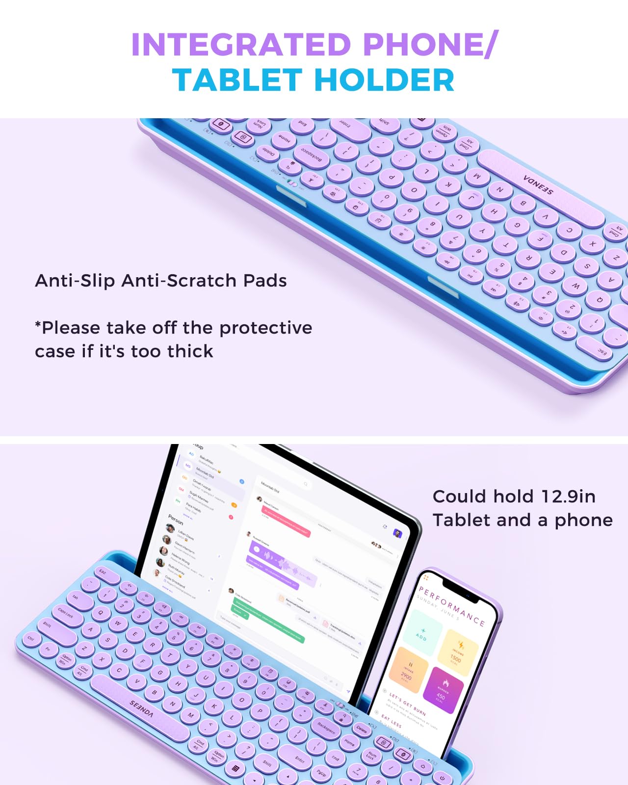 seenda Bluetooth Keyboard and Mouse for iPad, Multi-Device Bluetooth + 2.4G Wireless Keyboard Mouse with Tablet Holder for MacBook/Windows Computer, iOS/Andriod Tablet Phone, Blue & Purple