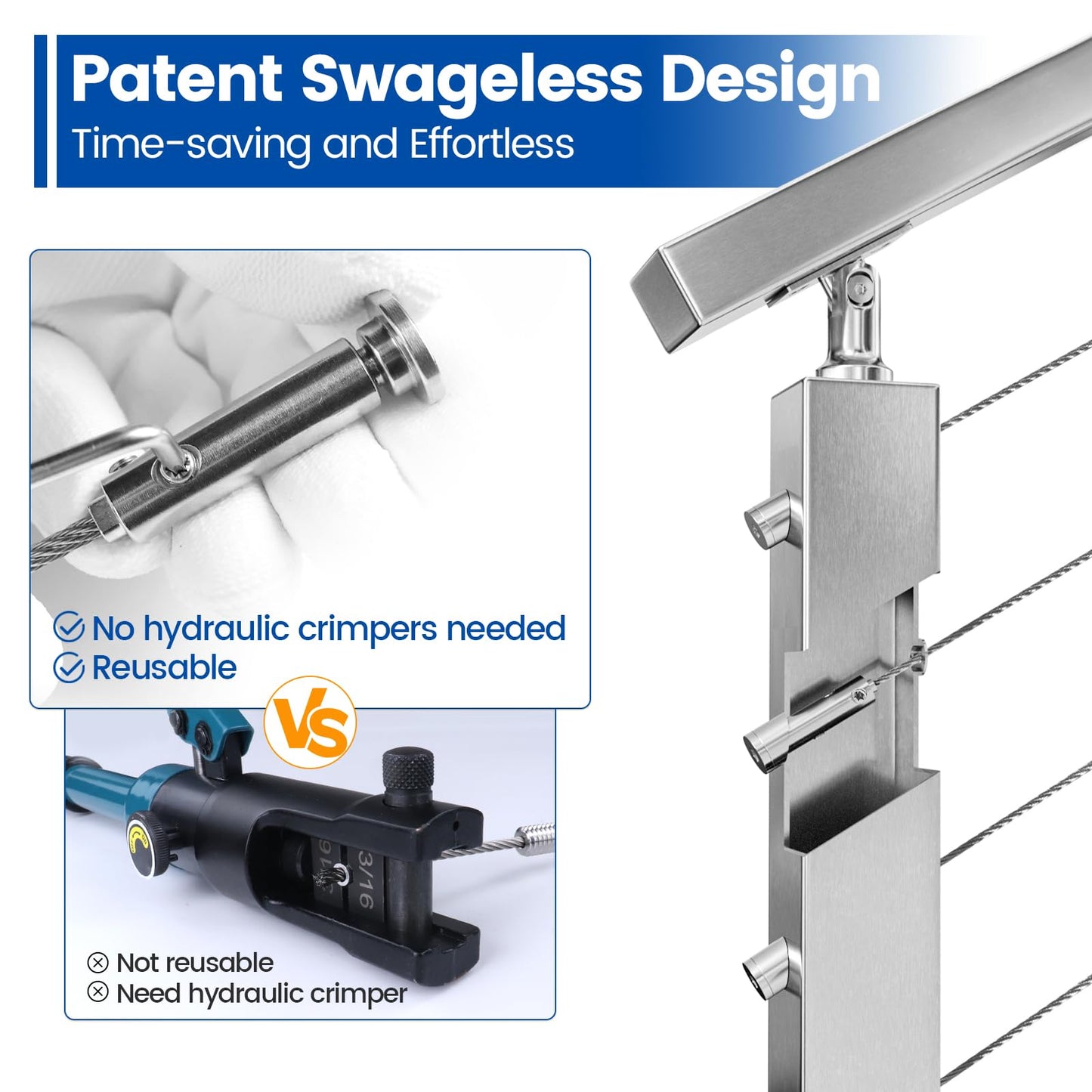 [Patent] Muzata 20 Pack 1/8" Swageless Invisible Cable Railing Kit Hardware Swageless Fittings Tensioner Hidden for 2"x2" Metal Post T316 Stainless Steel Deck Cable Railing System CB04