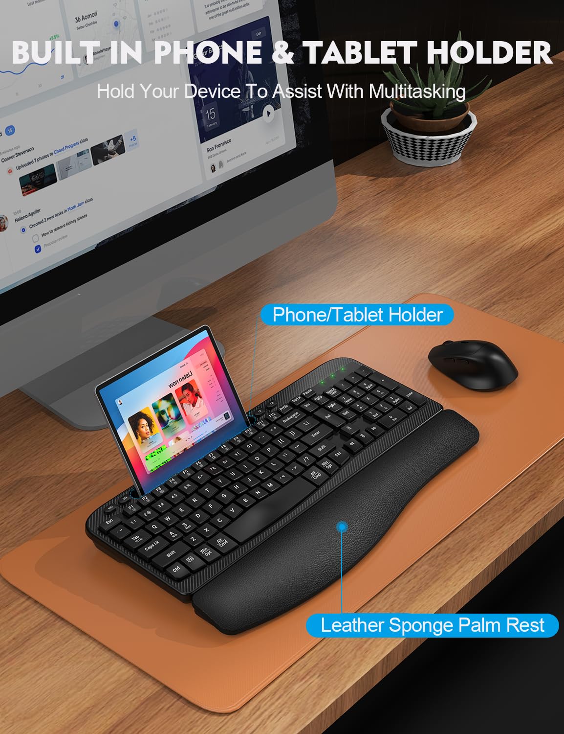 Wireless Keyboard and Mouse Combo, EAYBLLY Wave Keys Wireless Ergonomic Keyboard with Cushioned Wrist Rest, Phone Holder, 2.4GHz Silent Cordless Keyboard Mouse Set for Computer, Laptop, PC, Windows