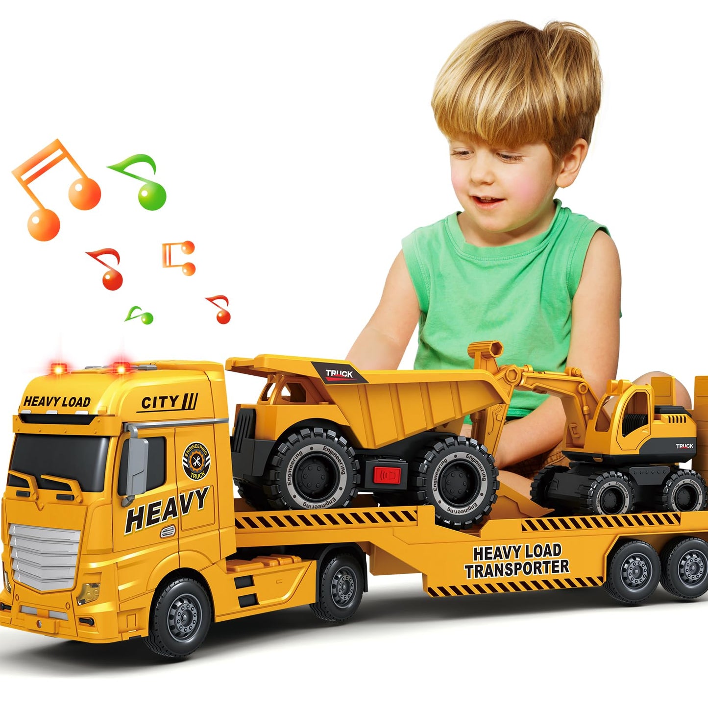 Toddler Boy Toys for 3 4 5 6 7 Years Kids, 25" Semi Construction Carrier Truck Toy with Excavator and Dump Truck, Friction Powered Toys with Lights and Sounds, Birthday for Boy Girls