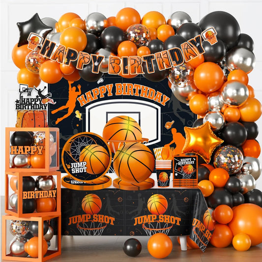 Fexivo 241pcs Basketball Party Decorations, All-in-one Party Set with 20 Serves Disposable Plates, Banner, 2 Tablecloths, Backdrop for Basketball Birthday Party Decorations