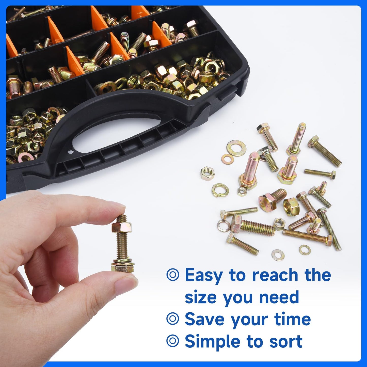 940PCS Grade 8.8 Metric Bolt and Nuts Kits M4 M5 M6 M8 Heavy Duty Hex Bolts Nuts Assortment Set Yellow Zinc Plated