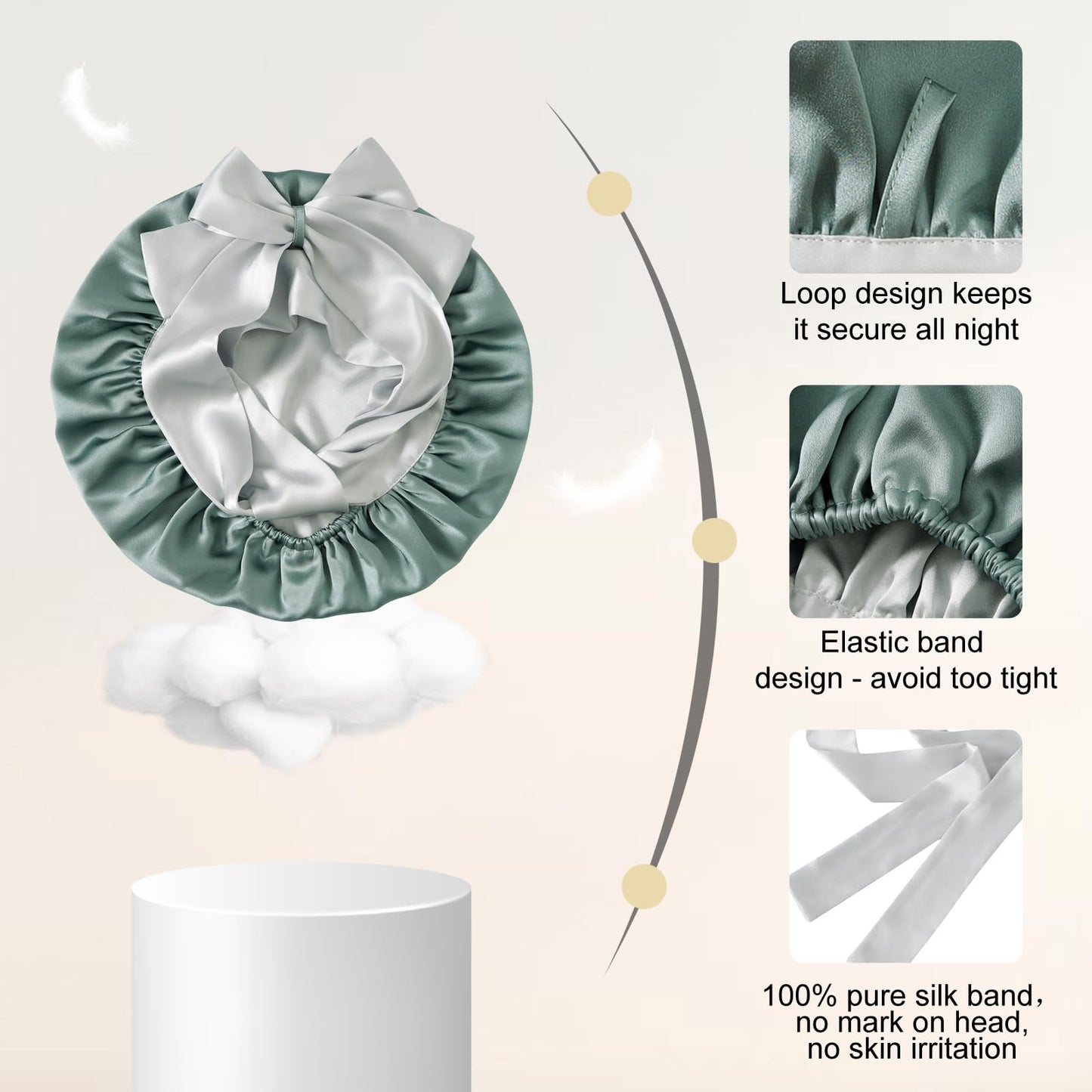ZIMASILK 100% Mulberry Silk Bonnet for Sleeping Women Long Hair Double Layer Silk Hair Wrap with Silk Tie Band Natural Silk Cap for Hair Care Stay on Head (1Pc, Grayishgreen + Lightgrey)
