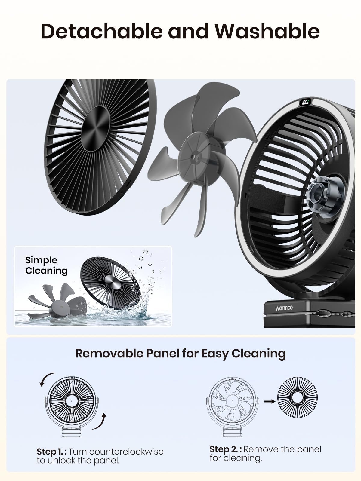 Warmco 15000mAh Portable Clip on Fan Rechargeable, 8 Inch Battery Powered Desk Fan, LED Lantern & Hook, 360° Rotate & 4 Speeds Strong Airflow for Camping Tent Office Outdoor Travel Golf Cart