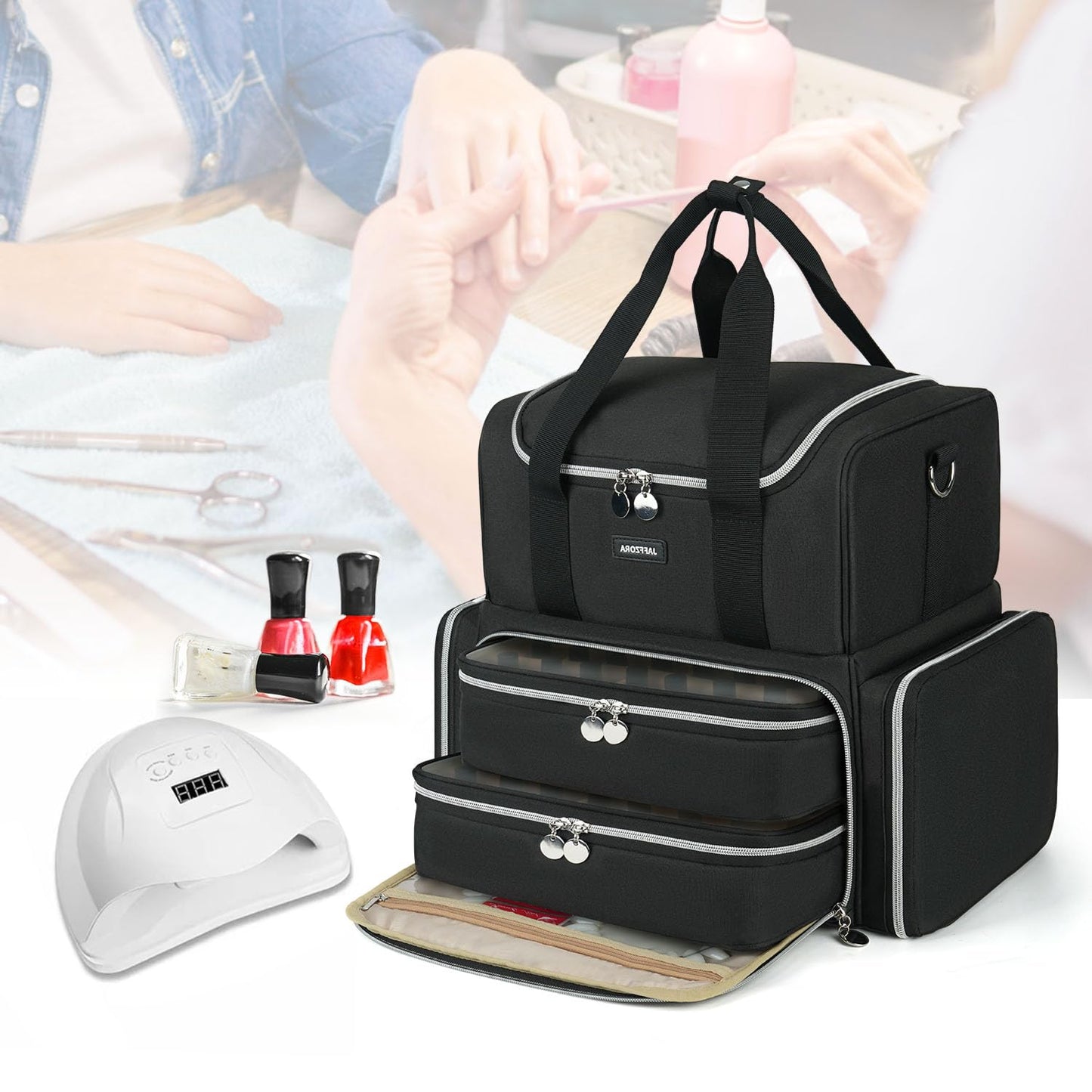Large Nail Polish Organizer Case Holds 80 Bottles and a Nail Lamp, Nail Organizers and Storage with 2 Removable Pouches, Travel Nail Supplies Carrying Bag for Nail Art Tech & Manicure Tools,Black