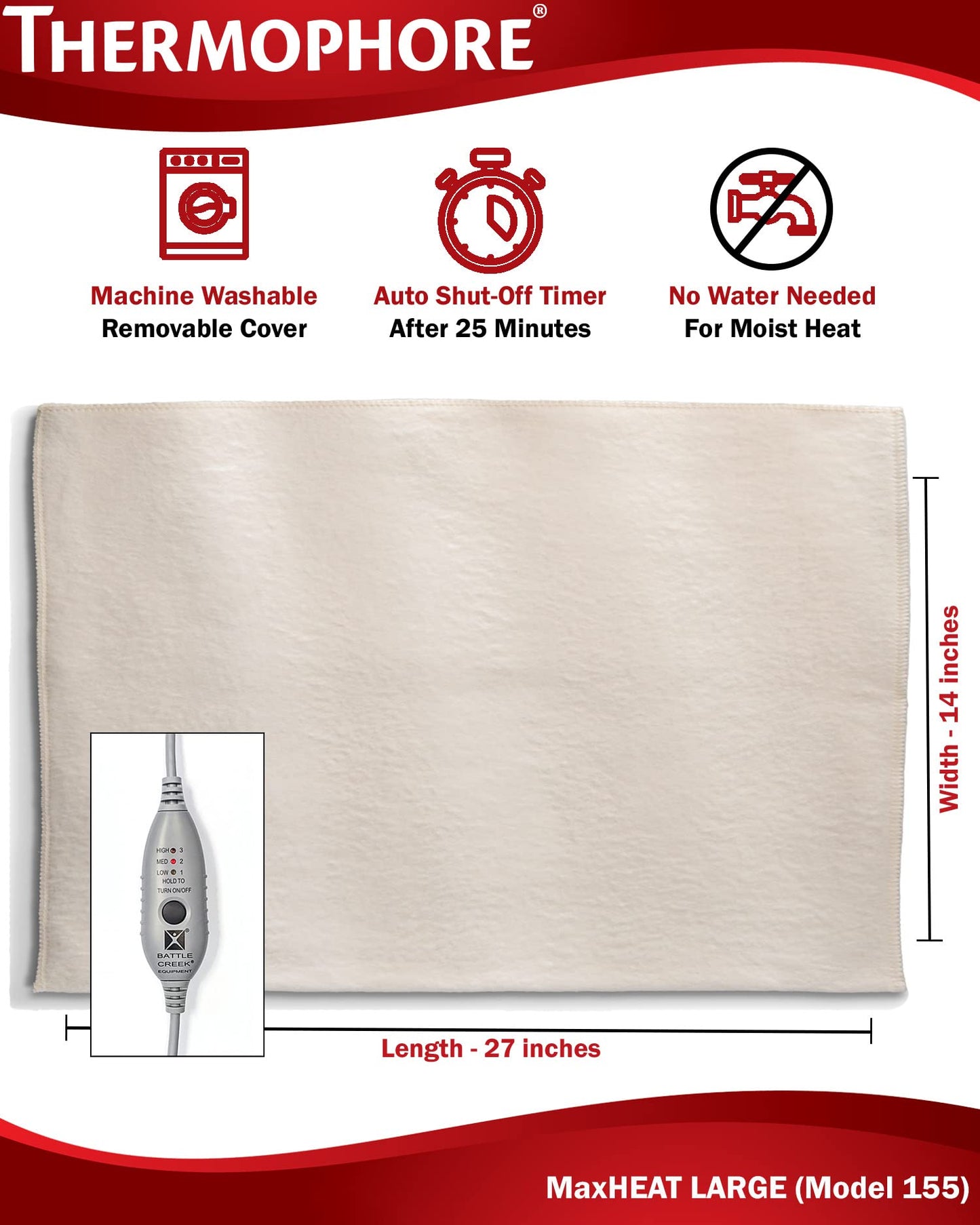 Thermophore MaxHeat Arthritis Pad Moist Heating Pad Size Large 14" x 27" - Model 155
