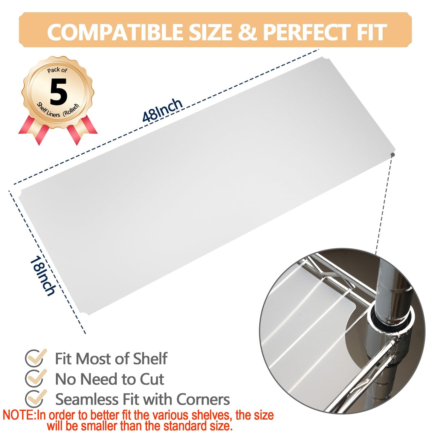 5 Pack 18x48 Shelf Liners for Wire Shelving – Actual 17.44x47.44 Plastic Mats, Grey (Rolled) – Non-Slip for Cabinet & Storage Racks