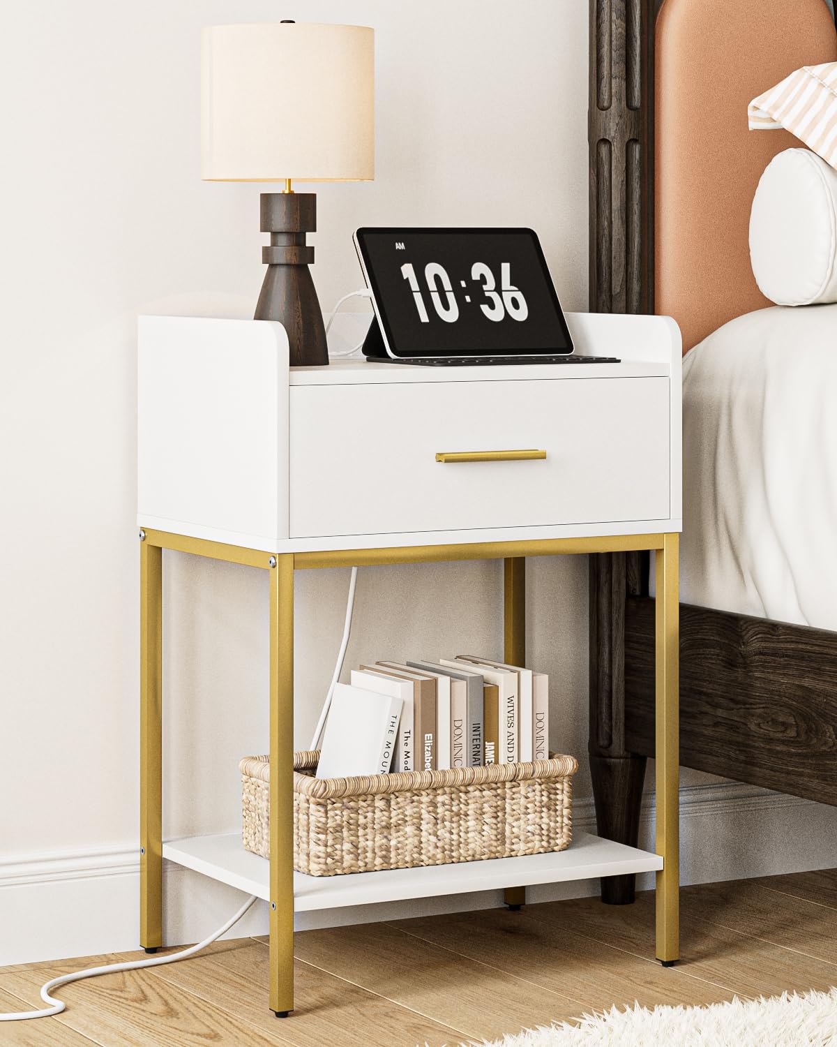 AEPOALUA Nightstand with Charging Station, Modern Bedside Table with Drawer and Legs,White and Gold Night Stand with Open Shelf, Narrow Side Table for Bedroom, Living Room