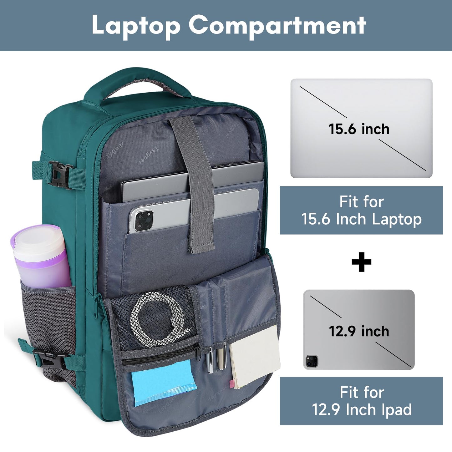 Taygeer Laptop Backpack, Airline Approved Carry On with 17.3 inch Laptop Compartment, TSA Friendly Backpack for Nursing Doctor Business Travel, Travel Daypack for Work Essentials, Peacock Blue