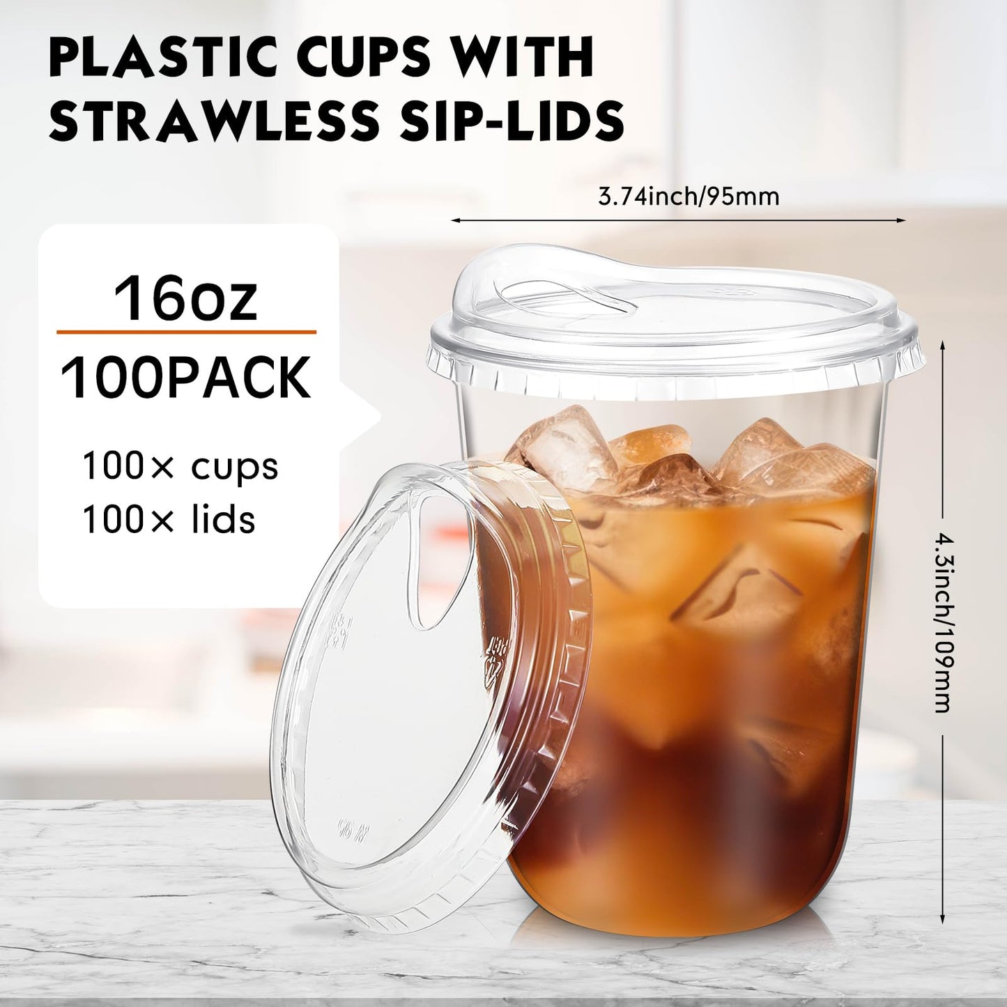 Baderke Clear Plastic Cups with Strawless Sip Lids Disposable Round Bottom Togo Cups for Coffee Smoothie Cold Beverage Coffee Shops and Party Catering(16 oz,100 Pcs)