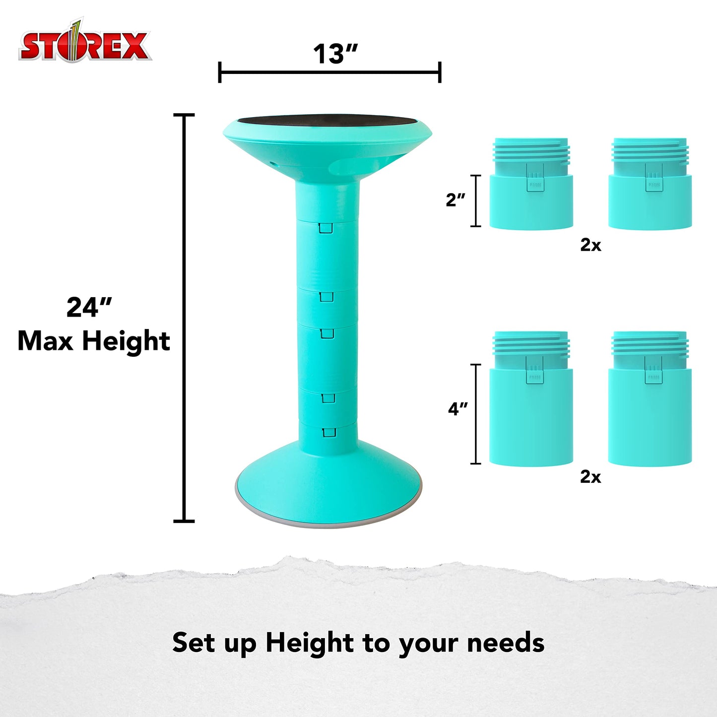 Storex Active Tilt Stool – Ergonomic Seating for Flexible Office Space and Standing Desks, Adjustable 12-24 Inch Height, Teal (00325U01C)