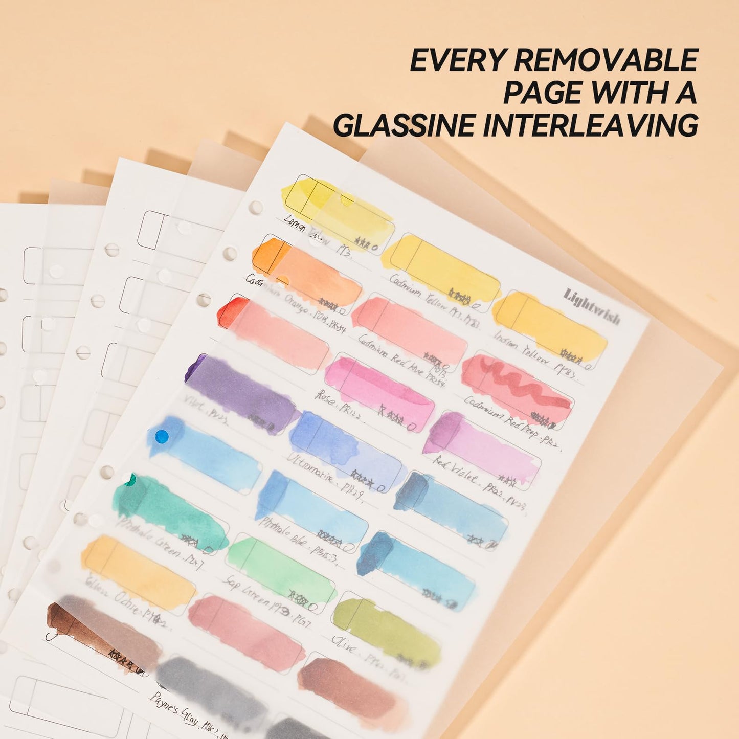 LIGHTWISH Watercolor Swatch Paper Bulk - 100% Cotton Hot Press 300gsm/140lb, 2 Pack, Total 40 Sheets 24 Spaces A5 Hole-Punched Replaceable Paper for Watercolor, Gouache, Oil Pastels,5.8 * 8.2 Inches