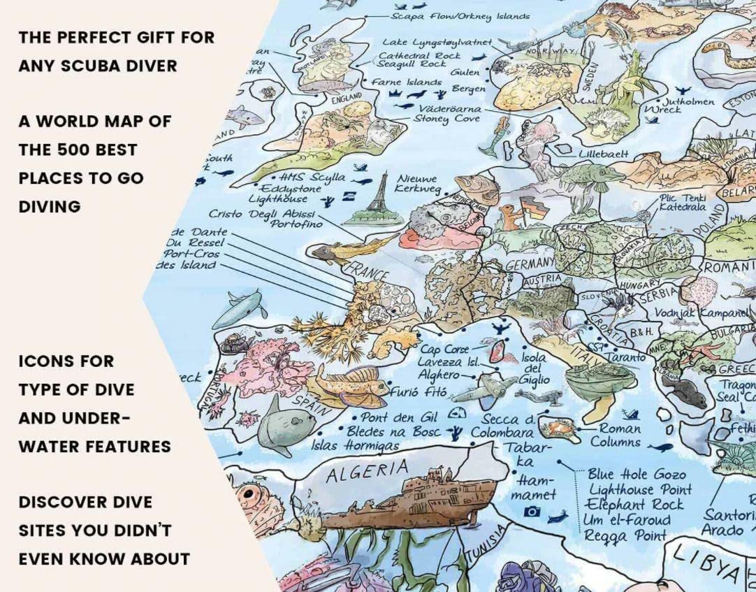 World Dive Wall Map - Illustrated World Scuba Diving Poster