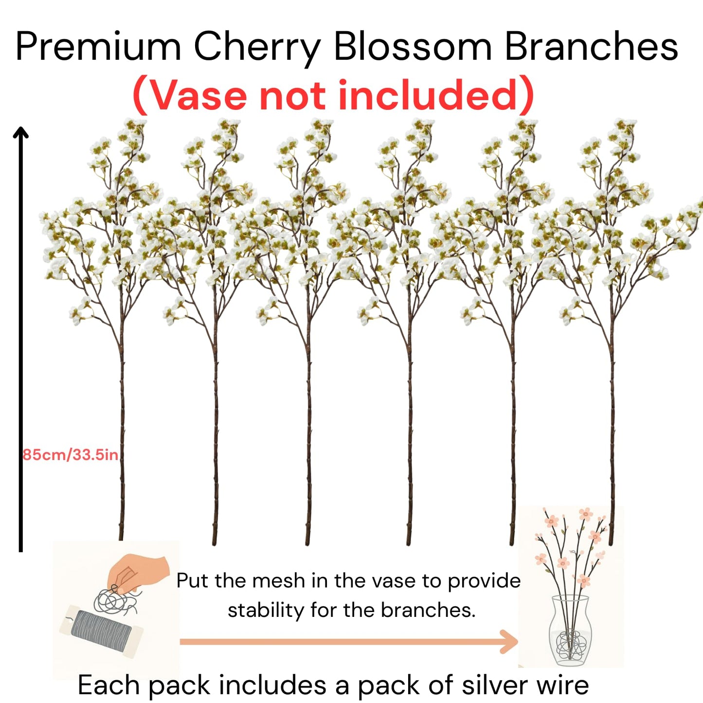 White Cherry Blossom Branches – 6 Pcs 33.5" Long Stem Artificial Flowers for Tall Vase, Premium Faux Silk Spring Decor, Realistic Fake Cherry Blossoms for Home, Wedding & Table Centerpieces