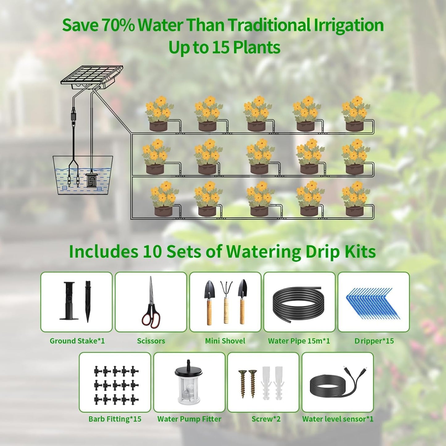 49FT Solar Drip Irrigation Kit with Digital Screen, Auto Watering Kit for 15 Pots, Solar-Powered Plant Watering,434 Timer Modes, 900ml/min Flow Indoor/Outdoor Garden, Balcony & Patio Irrigation System