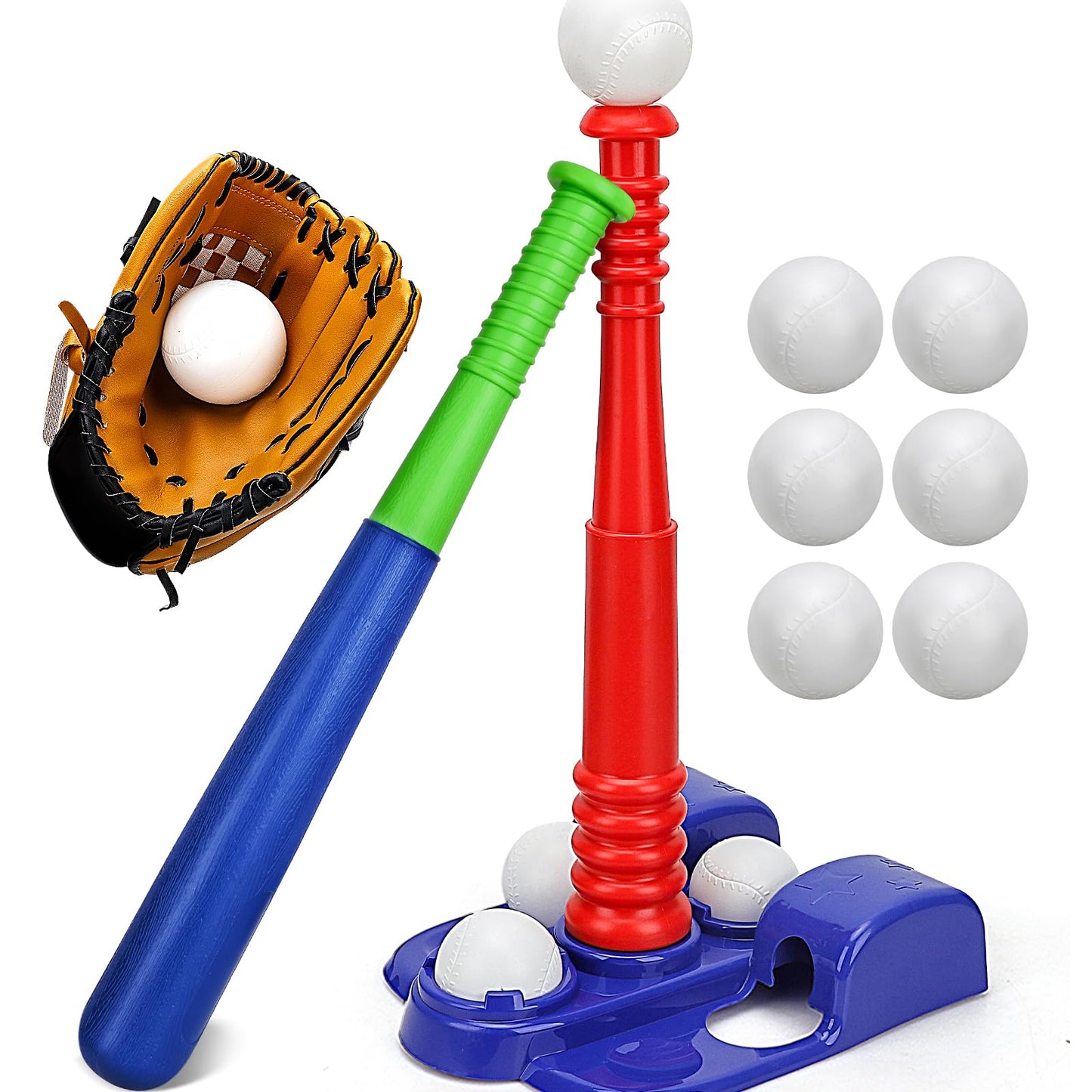 TOY Life - Ball Game for Kids Ages 3-5 5-8, Baseball Tee and Bat Set with Gloves and 6 Balls, Ideal Gift for Outdoor Games and Training for