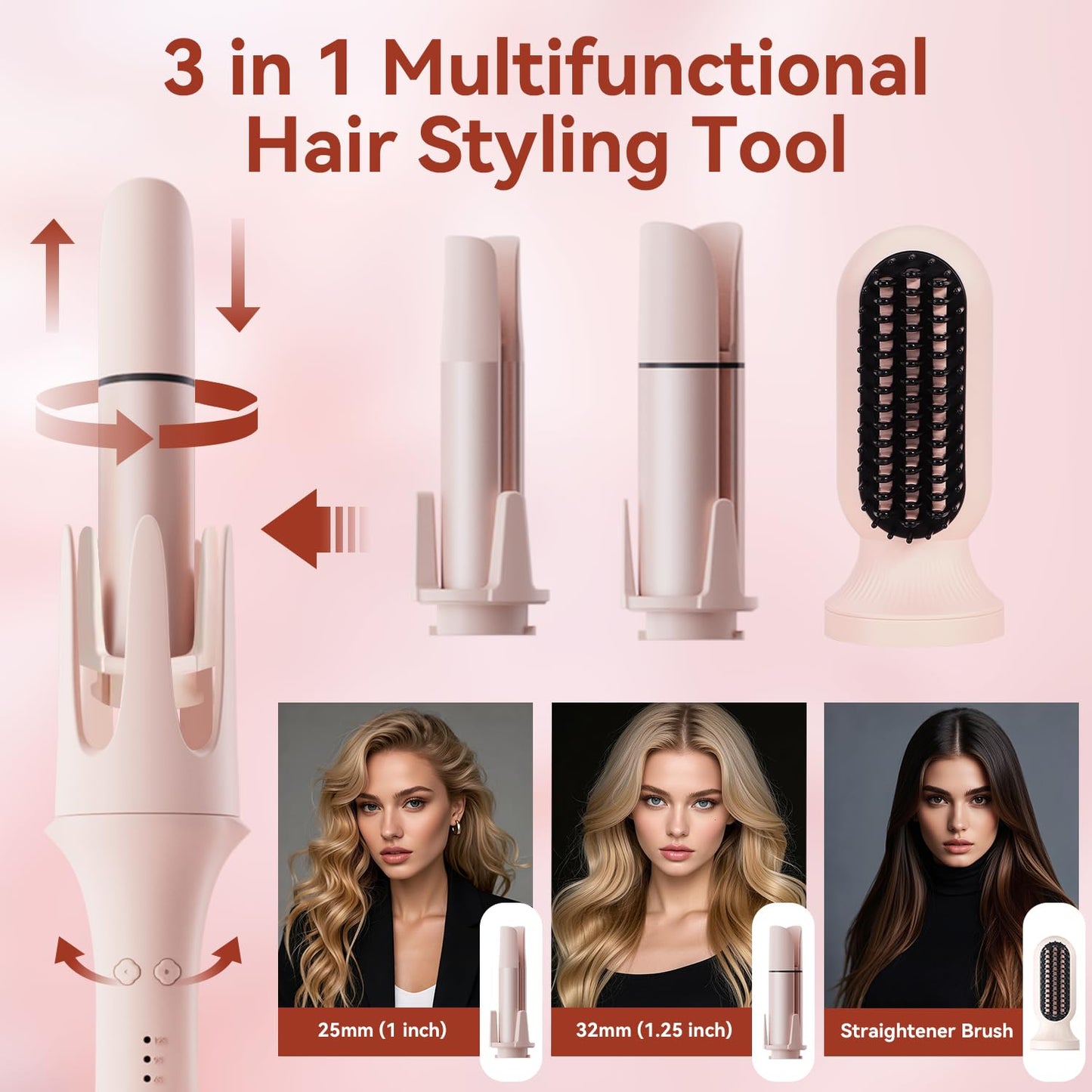 3 in 1 Multifunctional Hot Tool, Automatic Curling Irons with 2 Ceramic Barrel(1", 1.25") & Hair Straightener Brush, Hair Curler & Straightening Comb with 3 Temp & Timer & 300000+ Negative Ions