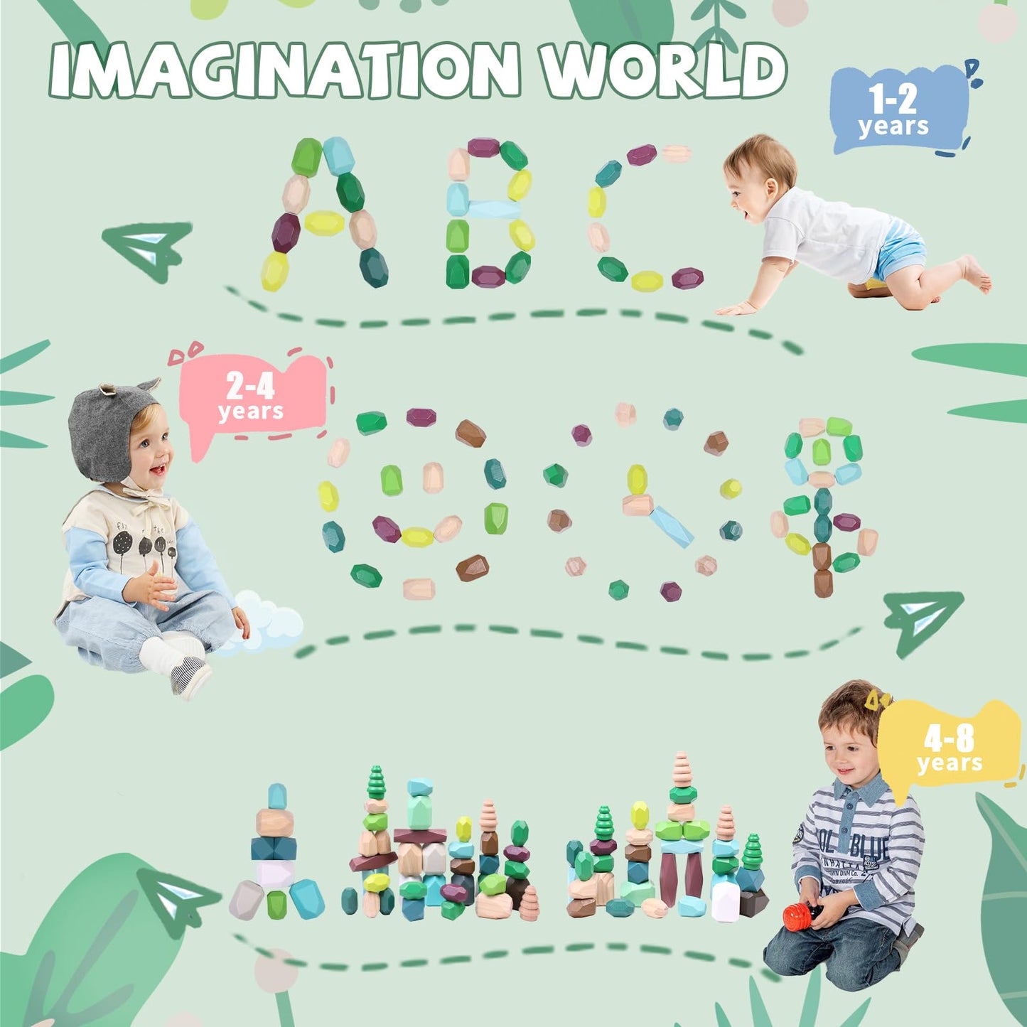 YHHYTOY - 40 Pieces Wooden Stacking Building Blocks Woodland Themed Sensory Learning Montessori Toys for 3 4 5 Year Old Boys Educational Preschool STEM Toys for Kids