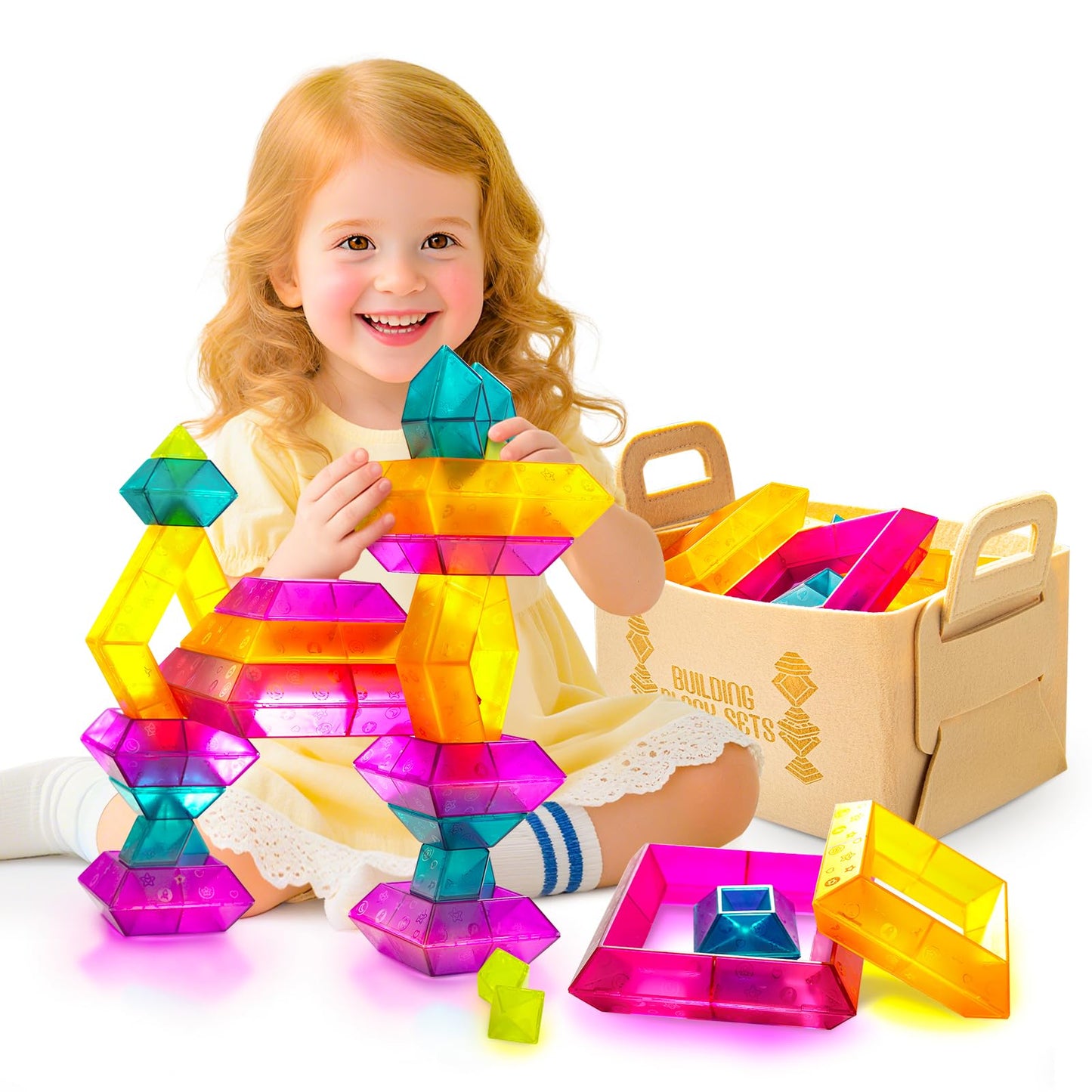 Translucent Building Blocks Set with Toy Storage Bag, 30 Pieces Light Through Stacking Toys for Ages 3+ and Up STEM Kindergarten Education Light Table Gift for Toddlers & Kids