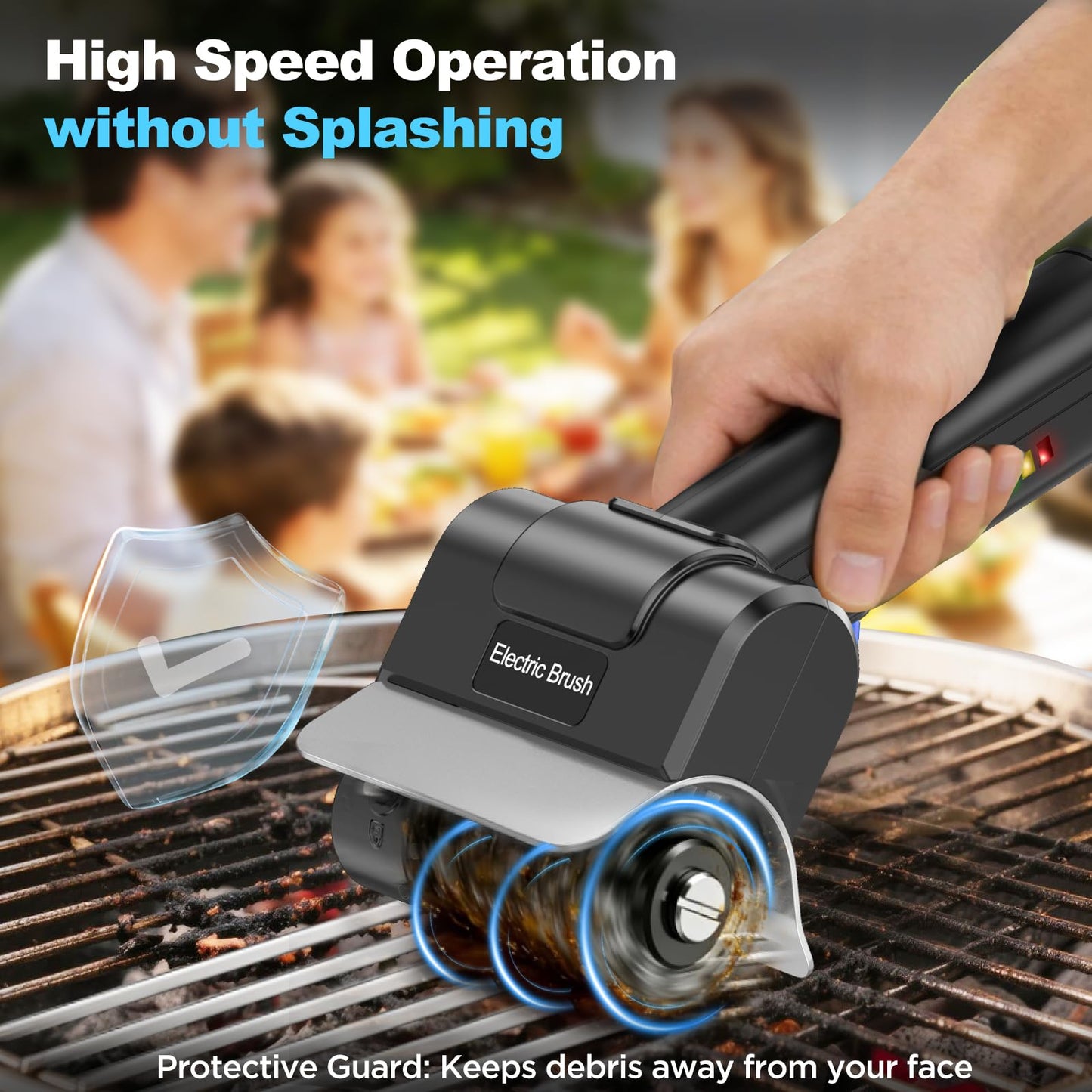 YEBLEM Electric Grill Brush with Dual Safety Lock - Ideal Gift for Men Dad Husband, Professional BBQ Cleaner with Submersible 304 SS Head, Splash-Proof Scrubber for Outdoor Grill (Blue Button)
