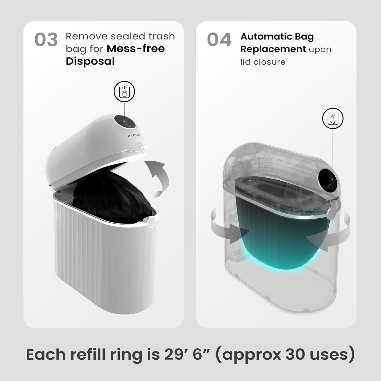 OPTIMUS TECHNOLOGY Automatic Self Sealing Trash Can Smart Trash Can Motion Sensor Touchless Garbage Bin Kitchen Bathroom Office 1 Refill Bag Rings Neos