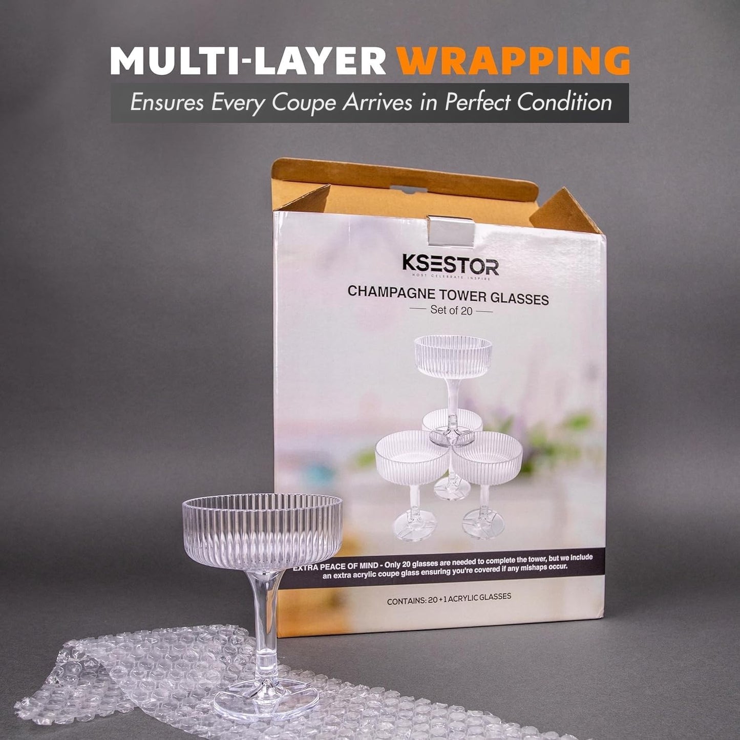 Ksestor ACRYLIC Champagne Tower - 7oz. Set of 20 Champagne Flutes Plastic - For Weddings & Parties - Plastic Coupe Glasses - Clear