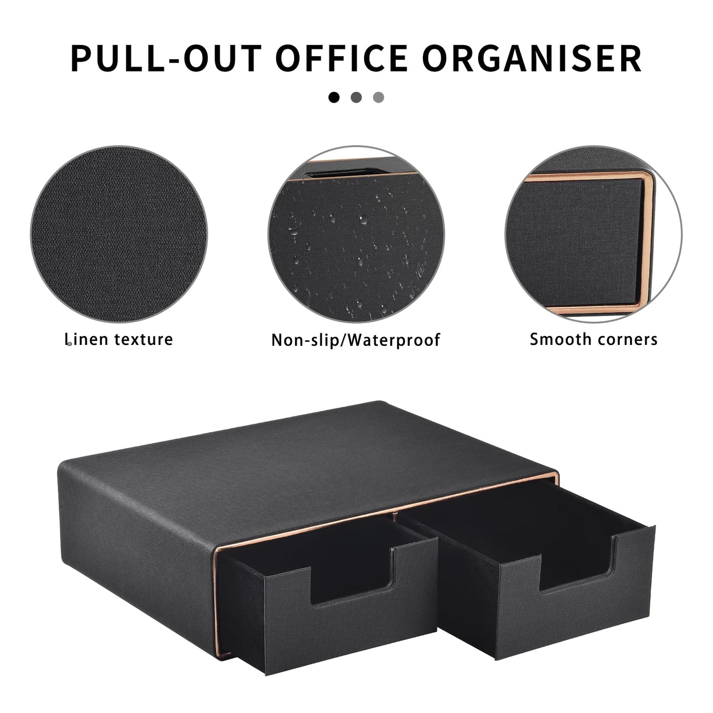 Linen Leather Desk Organizer and monitor stand with Drawers－Mini Desktop Drawer Organizer Stackable－Tabletop Organization Storage Box for Office Supplies Home Vanity Toiletries (Black, 2-drawers)