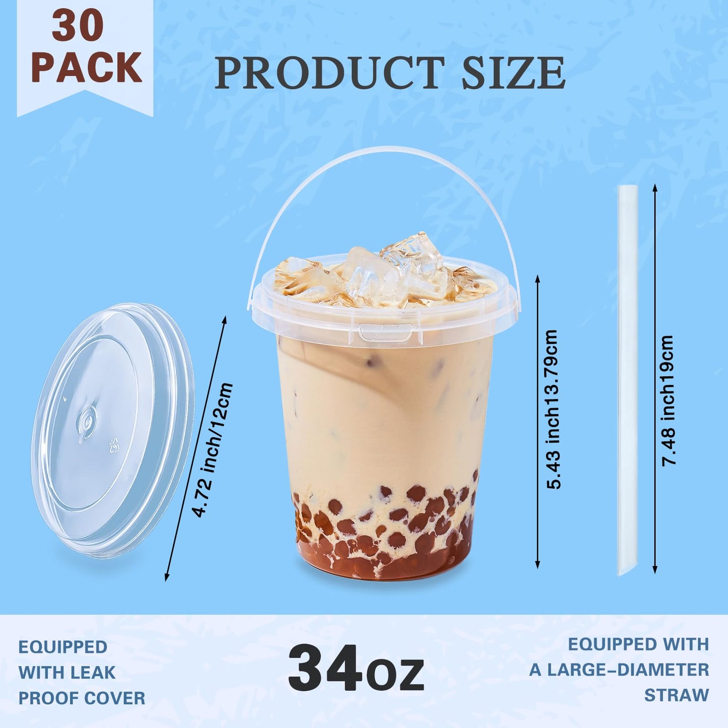 30 Pack 34oz Disposable Plastic Cups with Lids and Straws, Iced Coffee Cups with Lids, Sturdy & Food Safe for Cold & Hot Drinks, Smoothies, Fruit Drinks Cups for Summer Beverages, Bar & Beach Party
