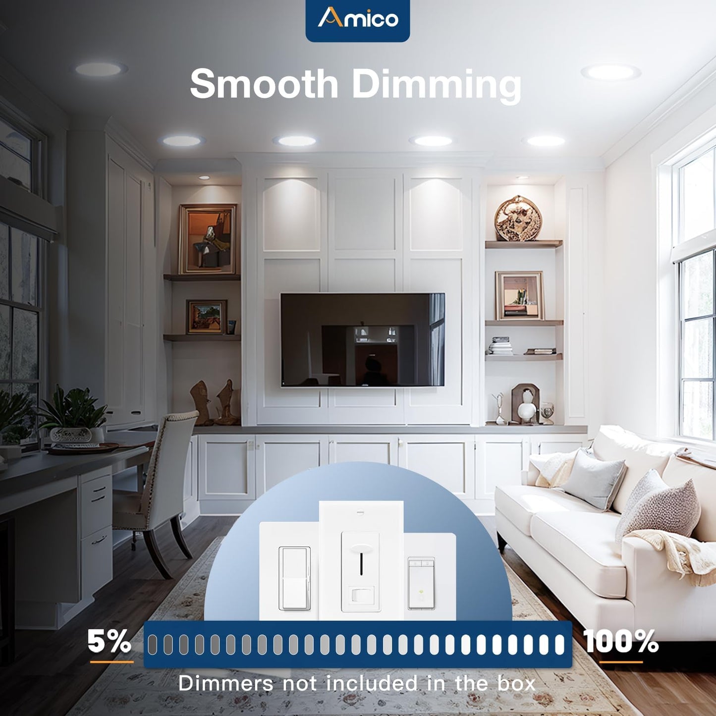 Amico 6 Pack 7 Inch 5CCT Ultra-Thin LED Canless Recessed Ceiling Light with Junction Box, 2700K/3000K/3500K/4000K/5000K Selectable, 15W=100W, 1300LM High Brightness, Dimmable Wafer Downlight-ETL&FCC