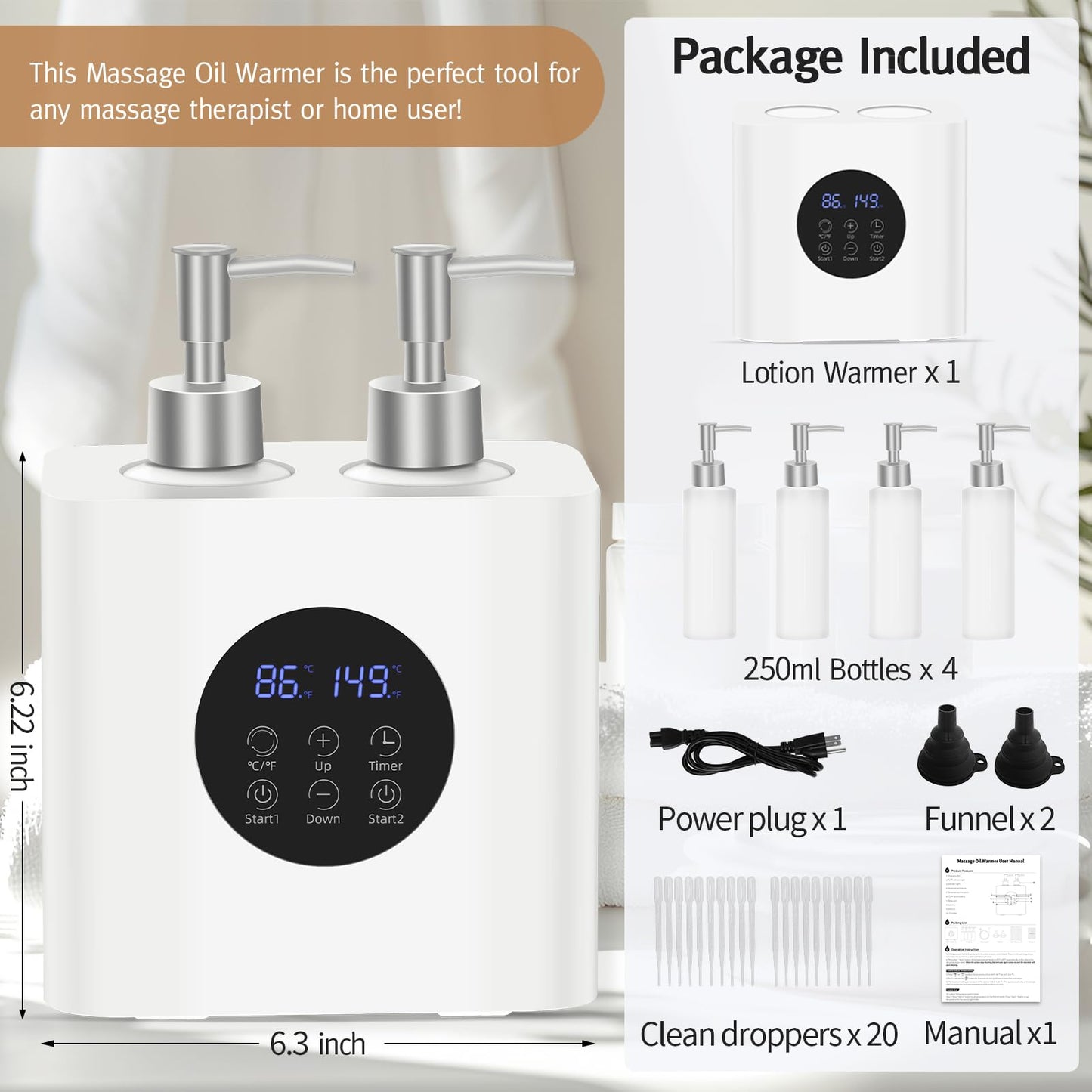 Meifuly Massage Oil Lotion Warmer Double Bottles for SPA Massage Therapy & Personal Use, Fast Oil Cream Lotion Warmer Heats Up, with 4 Oil Bottles Dispenser, Adjustable Constant Temperature