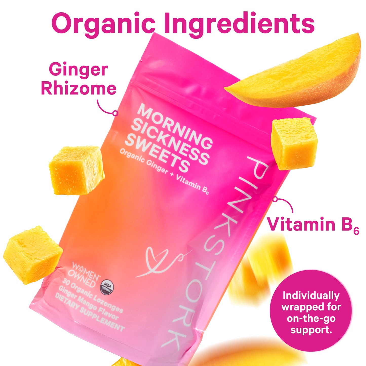 Pink Stork Morning Sickness Bundle with Organic Ginger Peach Tea and Sweets, Supports Morning Sickness for Pregnant Women, Digestion, and Motion Sickness, 1st Trimester Pregnancy Must Haves, Set of 3
