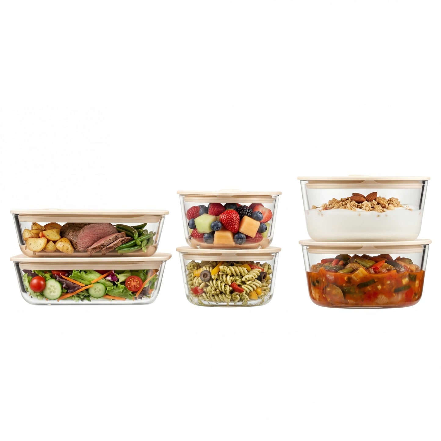 Urban Green Glass Food Container Set with Glass Lid, 6 Pack, Food Storage Containers Set, Airtight, LeakProof, Micowave Safe, 100% Plastic Free, Meal Prep Containers (White Color)