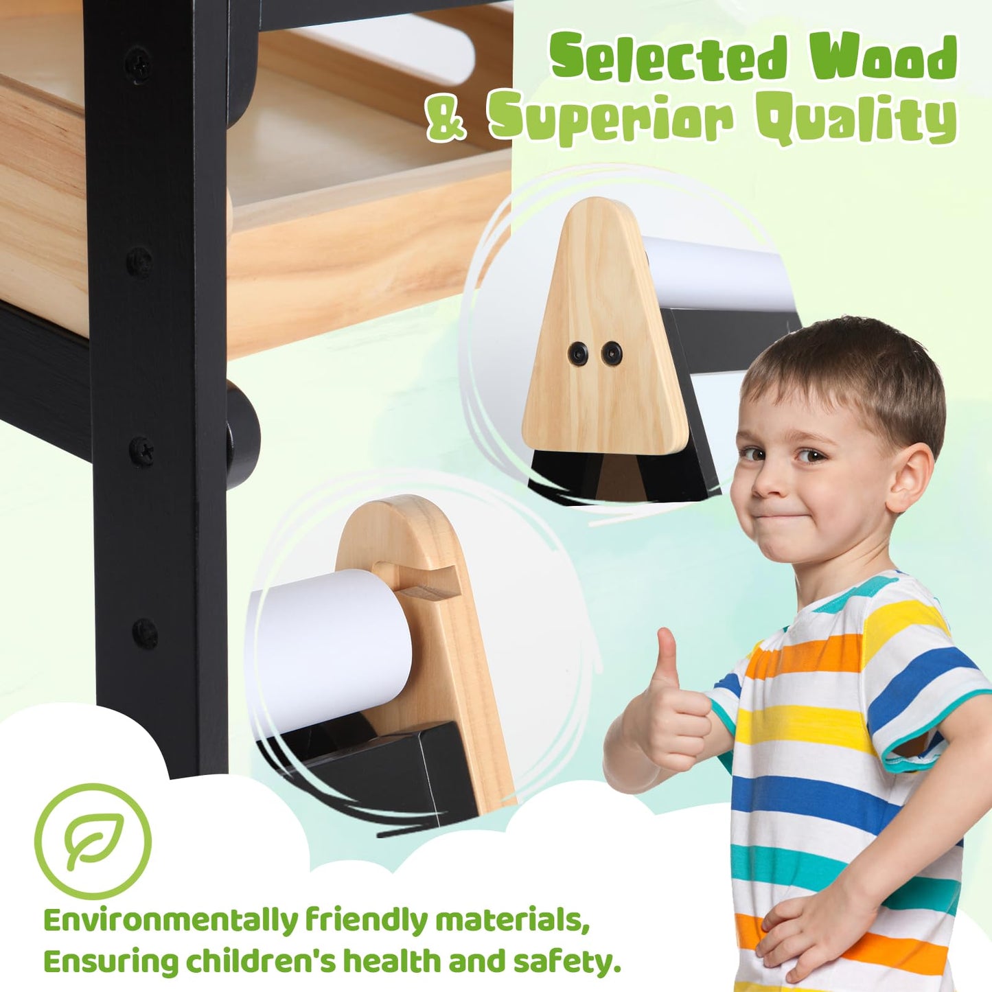 3 in 1 Easel for Kids with Wood Tray Double Sided Kids Easel with Paper Roll,Magnetic Chalkboard & White Board Height Adjustable Painting Standing Drawing Board for Toddlers Childrens 2+ (Black)