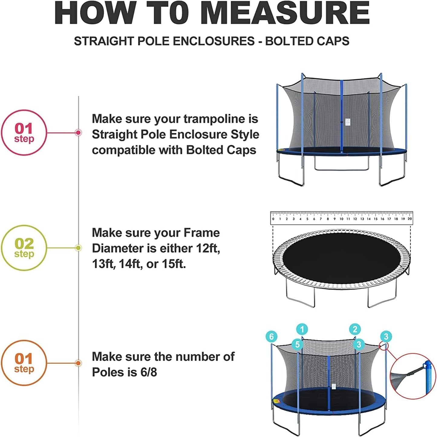 Cliselda Trampoline Net Replacement 14 ft 6 Poles, Safety Enclosure Net for 14 Foot Round Frame Trampolines, Breathable and Weather-Resistant, Adjustable Straps(Net Only,Poles not Includ)
