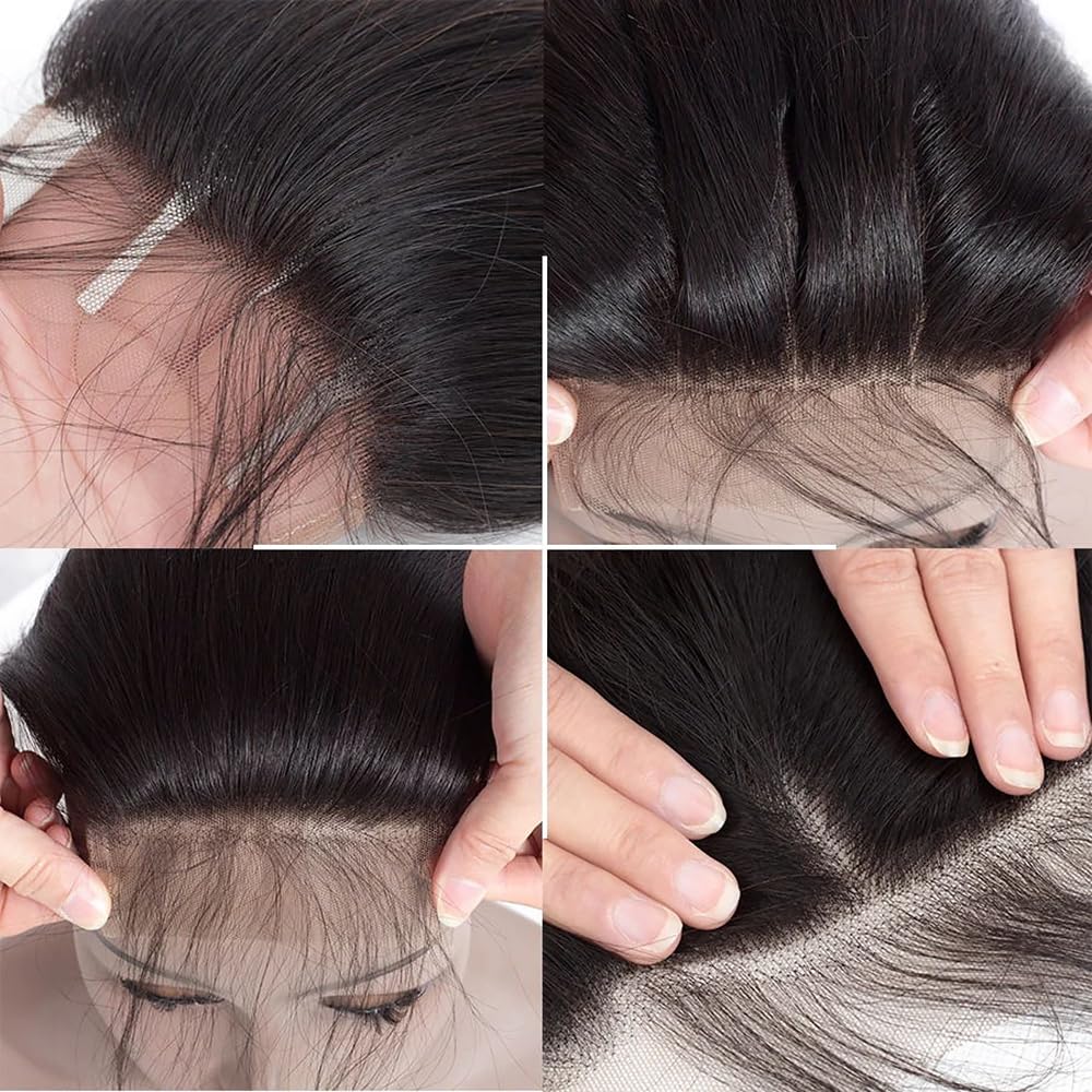 Mstoxic 4X4 Straight HD Lace Closure Human Hair Extensions 12A Brazilian Virgin Remy 100% Unprocessed Human Hair Frontal Free Part Closure Only Pre Plucked With Baby Hair Natural Black 14 Inch