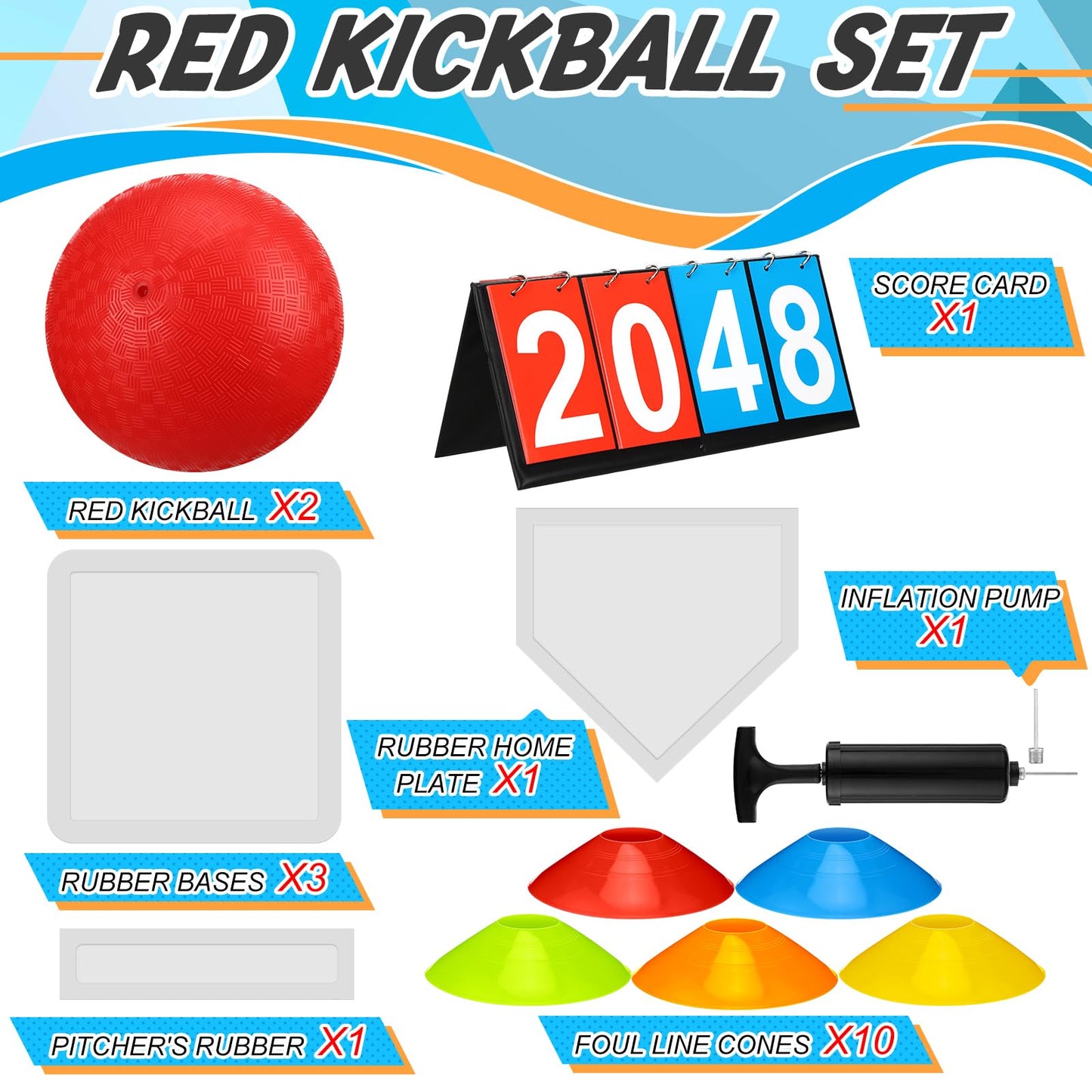 Poen 19 Pcs Sports Kickball Set Including 2 Pcs 10 Inch Playground Ball with Air Pump 5 Rubber Bases 10 Foul Marker Discs and a Flip Scoreboard for Adults Outdoor Backyard Game