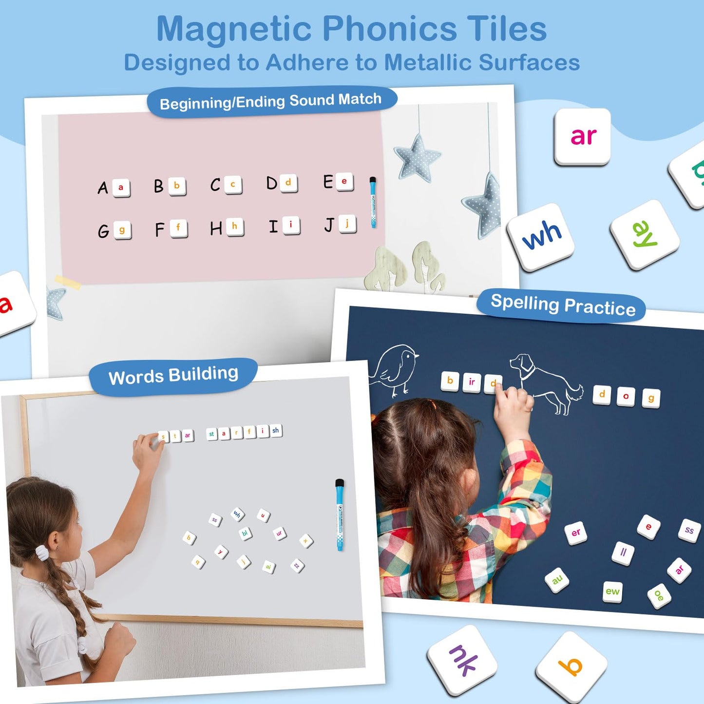 Phonics Magnetic Letter Tiles,All-in-one Magnetic Phonics Kit,Reading &Spelling Games with Dry-Erase Boards&Storage Case,Phonics Games for Preschool Pre k& Kindergarten Classroom Learning