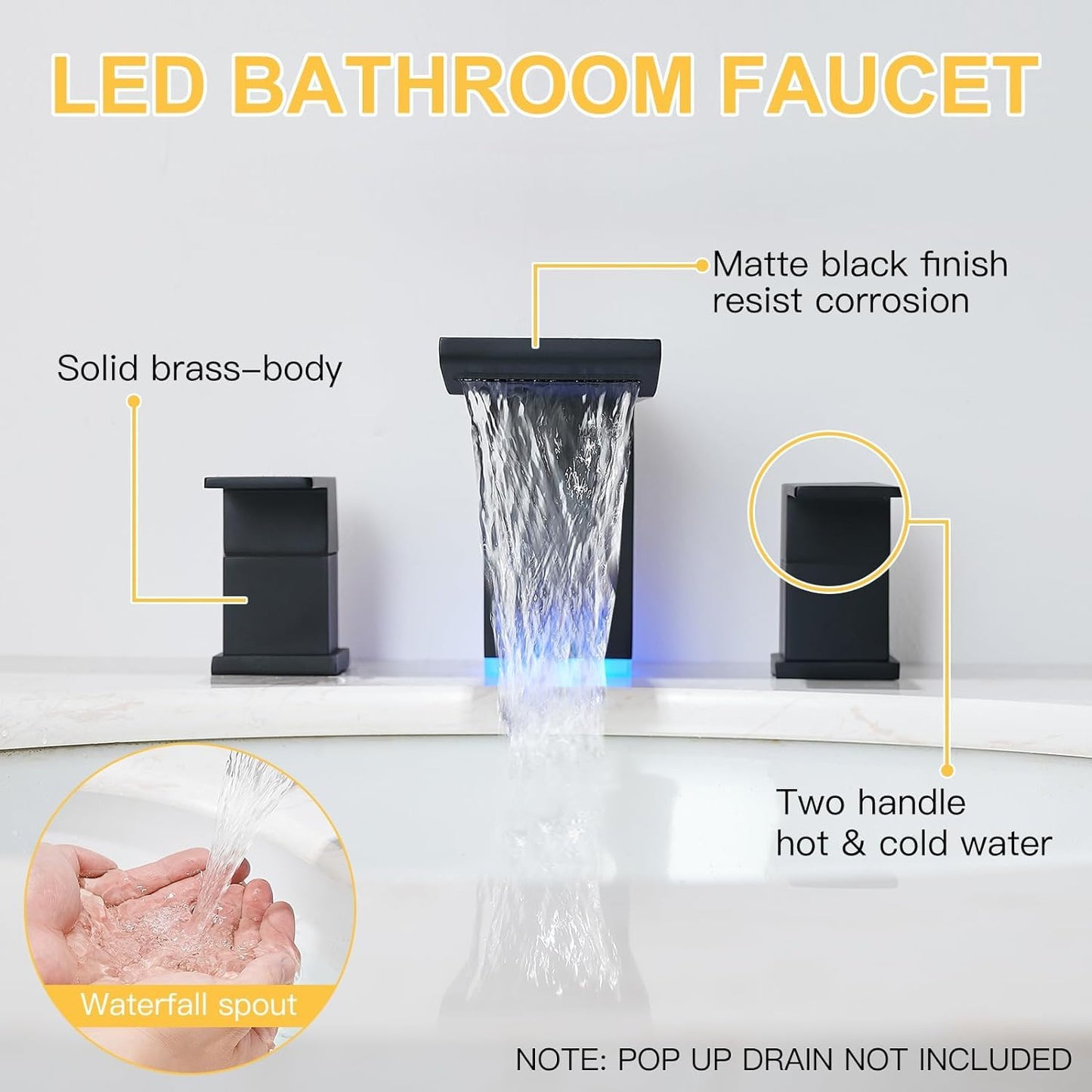 BESy Led 3 Hole Bathroom Sink Faucet, Matte Black Waterfall Widespread Bathroom Faucet with 3 Colors Light Changing, 2 Handle with Supply Lines with Pop Up Drain
