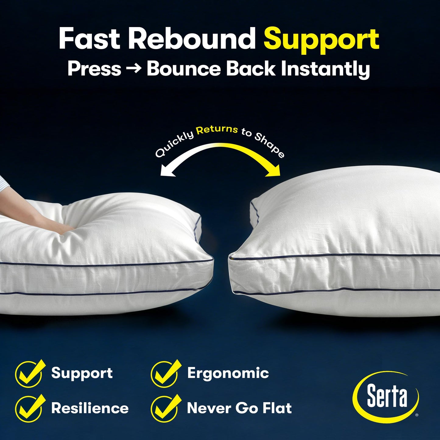 Serta Hotel Collection Bed Pillows Queen/Standard Size Set of 2, 400 Thread Count 100% Cotton Cover, Medium Soft, Support Gusseted Down Alternative Pillow for Back, Stomach or Side Sleepers, 18" x 26"
