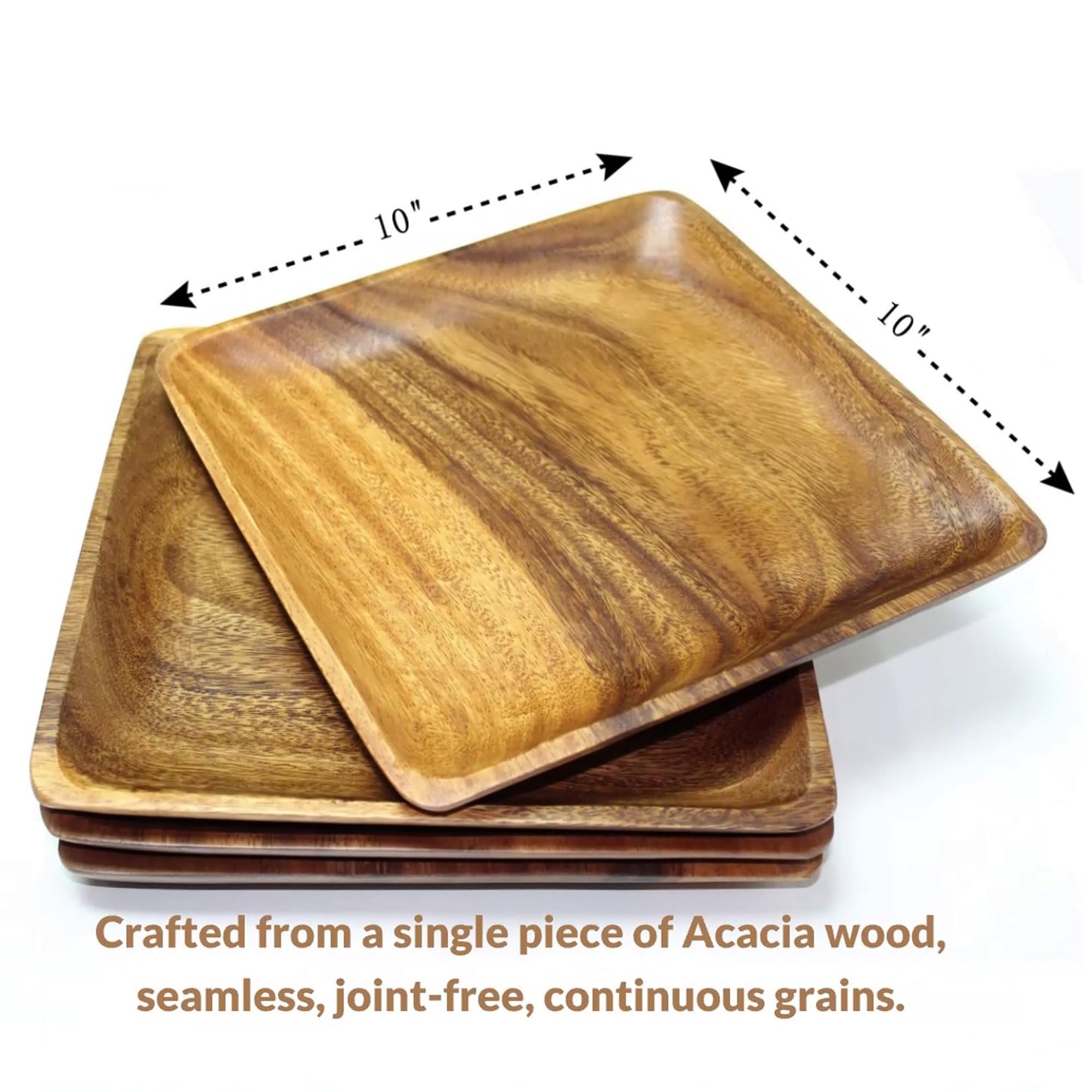 WRIGHTMART Acacia Wooden Plates – Set of 4, 10 Inch Square Rustic Wood Platters – for Food, Dining, BBQ Parties & Picnics, Durable, Handcrafted to Last, Joint Free, Continuous Beautiful Grains