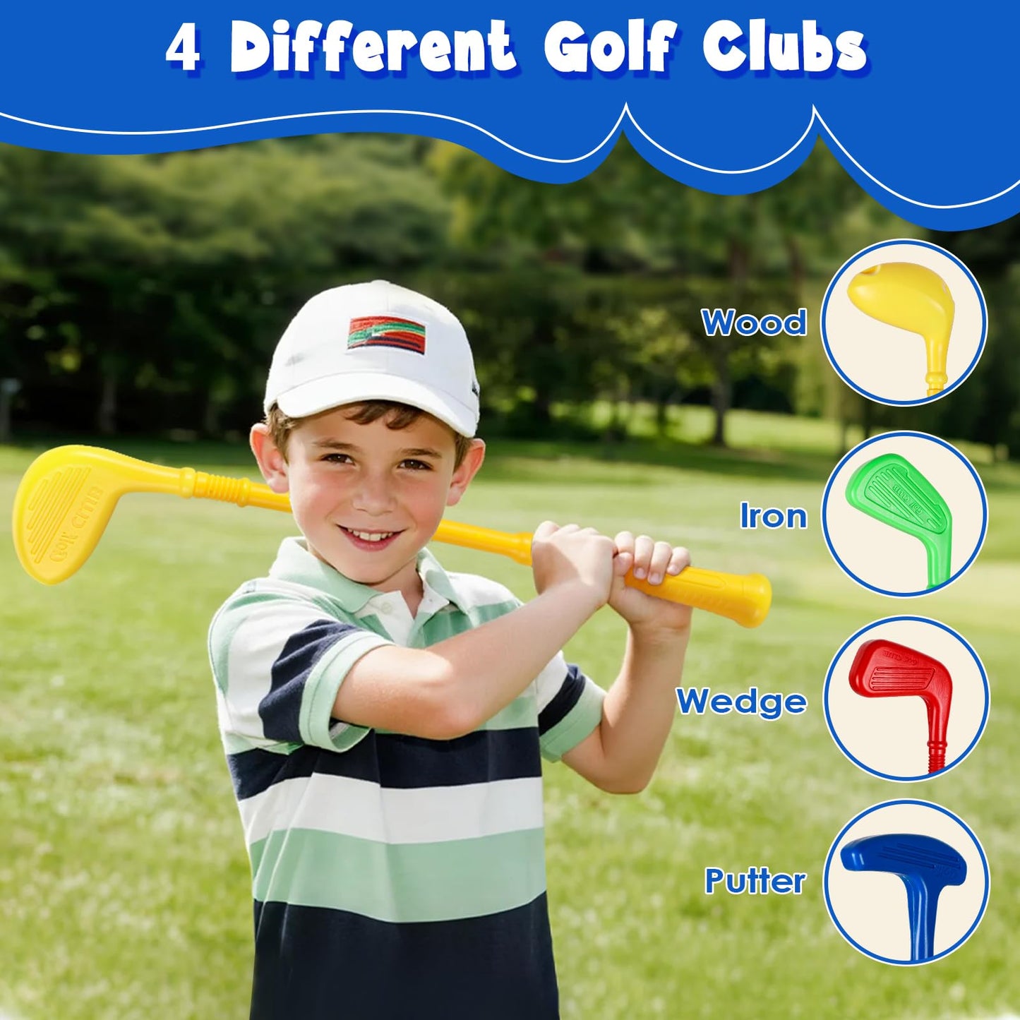 SUPER JOY Toddler Golf Set with Mat, Kids Golf Cart with 4 Clubs & 8 Balls, Indoor Outdoor Golf Toys for Boys Girls, Mini Golf Gifts for Baby 3-5 Years Old