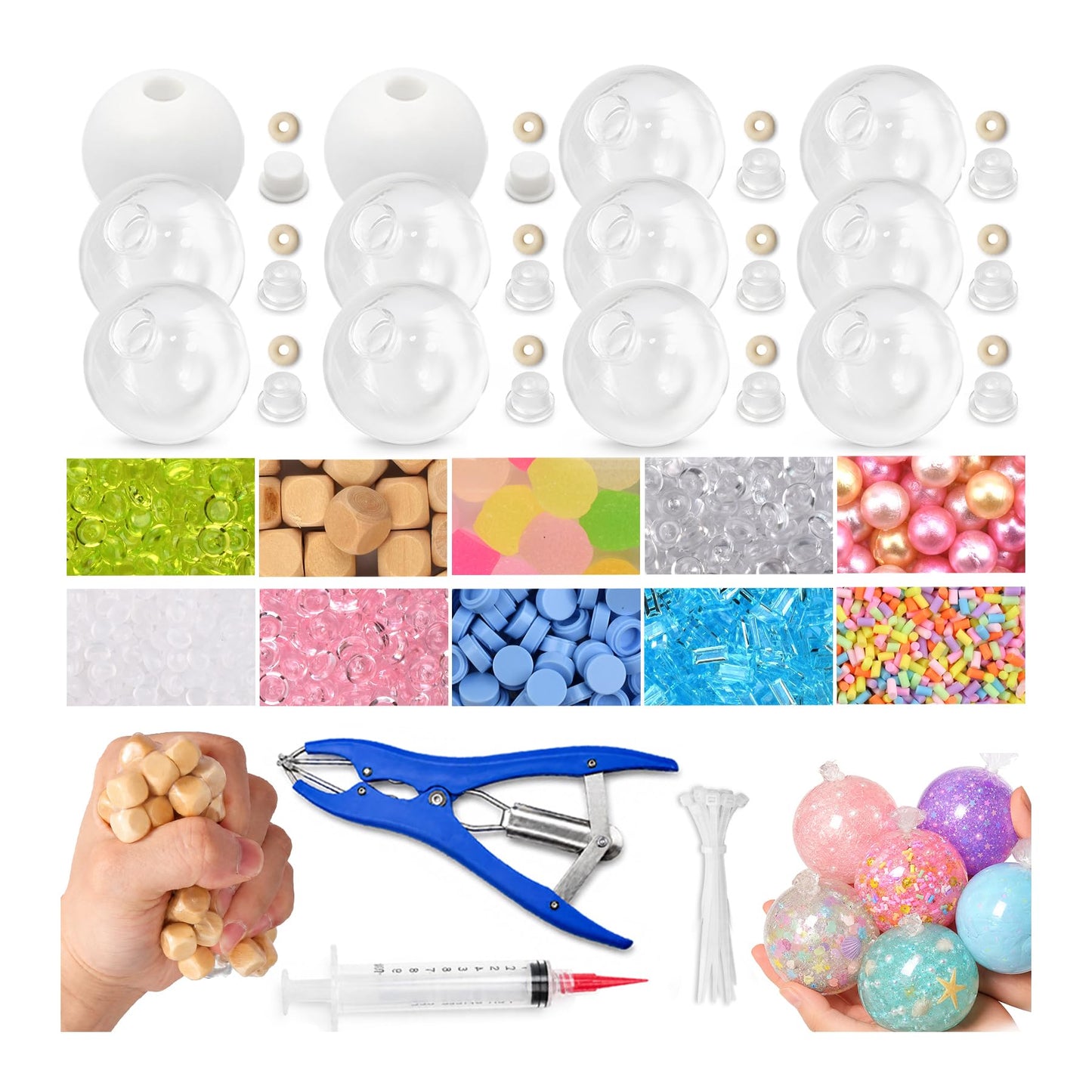 RYOXZEL DIY Stress Ball Making Kit, 12pcs Squishy TPR Ball Skins with 1lb Fillers, Make Your Own Squishies Set, Air Pump & Expander Tool Ties, Fidget Sensory Craft Kit for Stress Relief