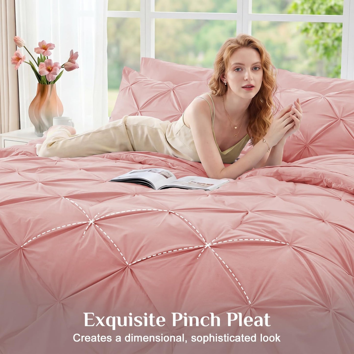 JOLLYVOGUE Full Size Comforter Sets 7 Pieces - Bed in a Bag Full for All Season, Pintuck Bedding Comforter Sets with Comforter, Flat Sheet, Fitted Sheet and Pillowcases & Shams, Pink